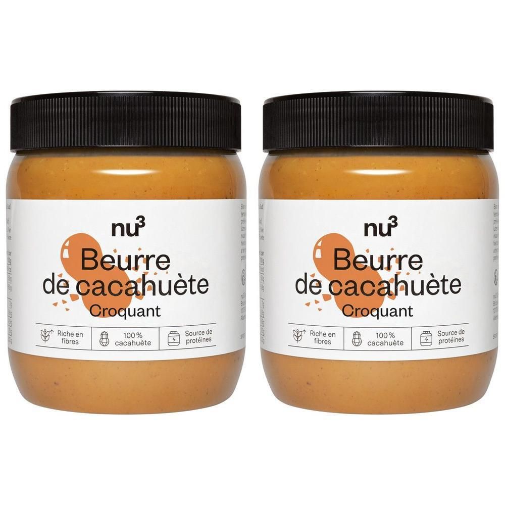 Deux pots de beurre de cacahuète nu3 crunchy, un avec un autocollant "2=1".