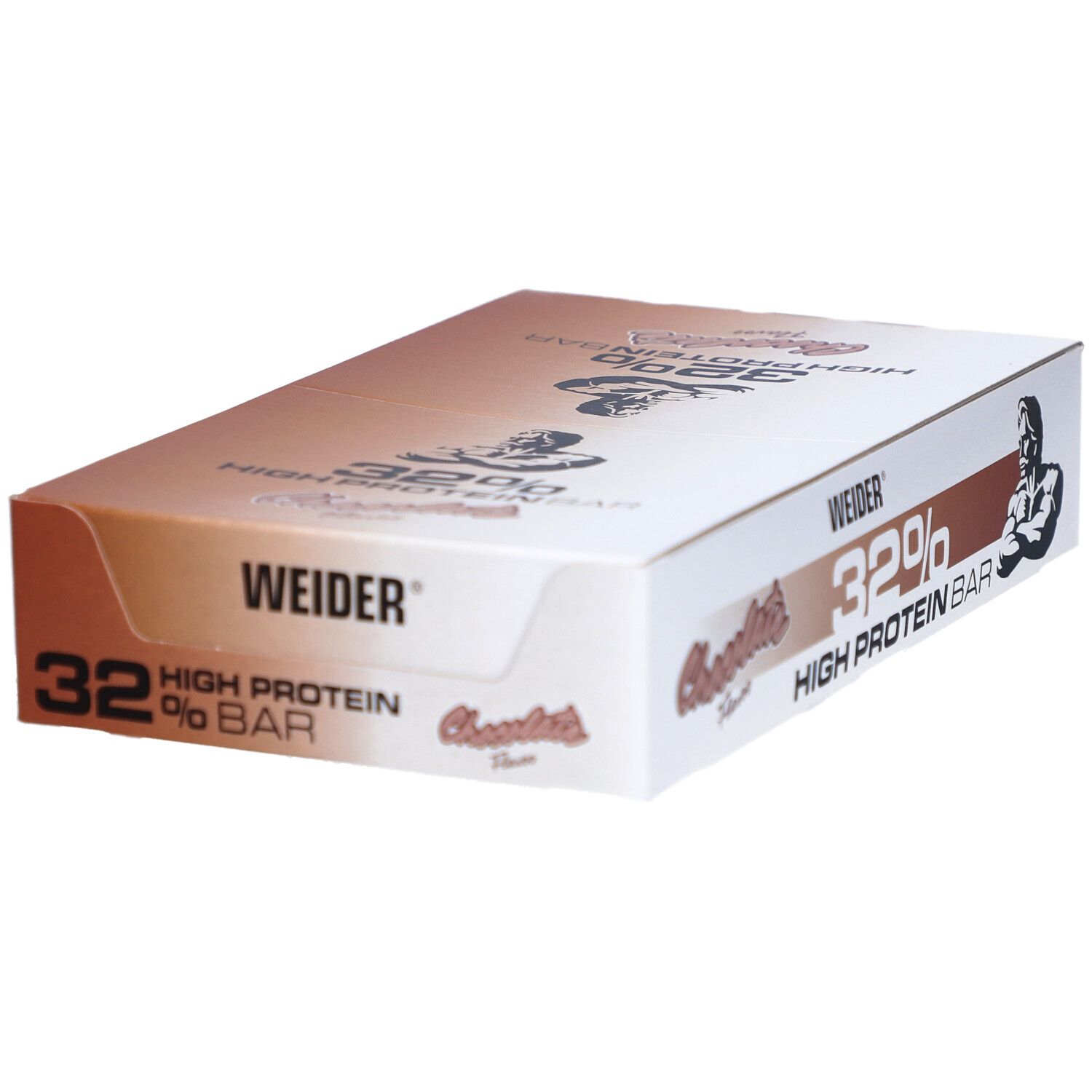 Boîte de barres protéinées Weider 32%. Emballage blanc et marron. Inscription : 32%, saveur chocolat, logo Weider et homme musclé.