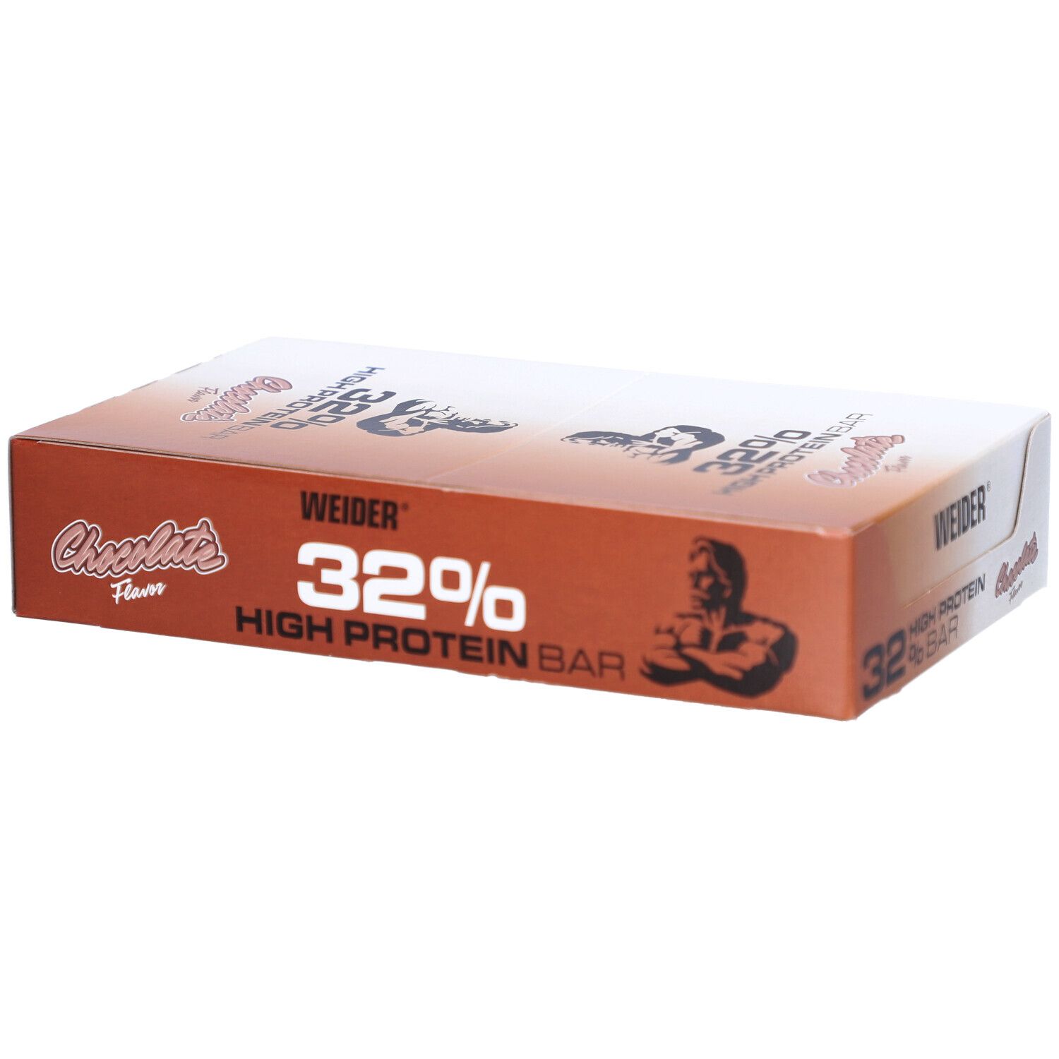 Boîte de barres protéinées Weider 32%. Emballage marron avec des accents blancs. Inscription : 32%, saveur chocolat, logo Weider et homme musclé.