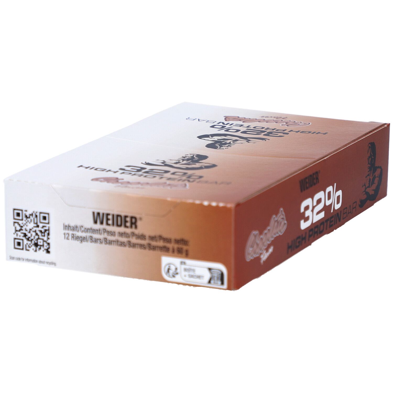 Boîte de barres protéinées Weider 32%. Emballage avec code QR et texte. Inscription : 32%, saveur chocolat, logo Weider et homme musclé. Contenu : 12 barres.