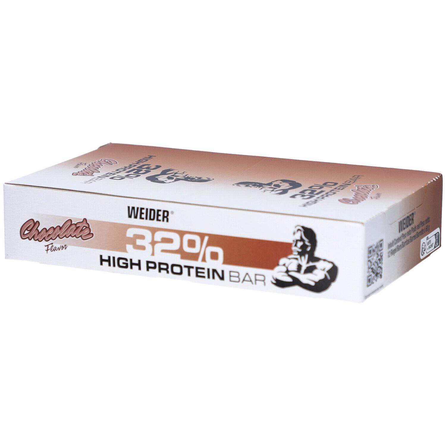 Boîte de barres protéinées Weider 32%. Emballage blanc et marron. Inscription : 32%, saveur chocolat, logo Weider et homme musclé. Code QR.