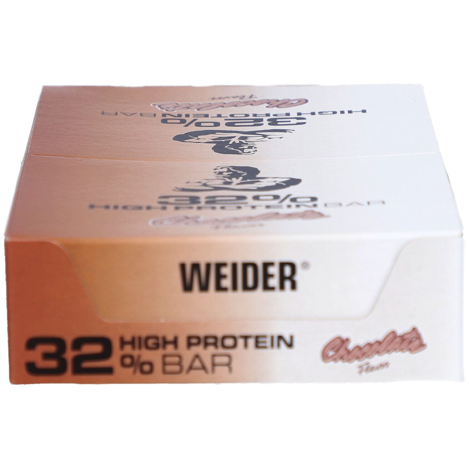 Boîte de barres protéinées Weider 32%. Emballage avec inscription : 32%, saveur chocolat, logo Weider. Vue de dessus.