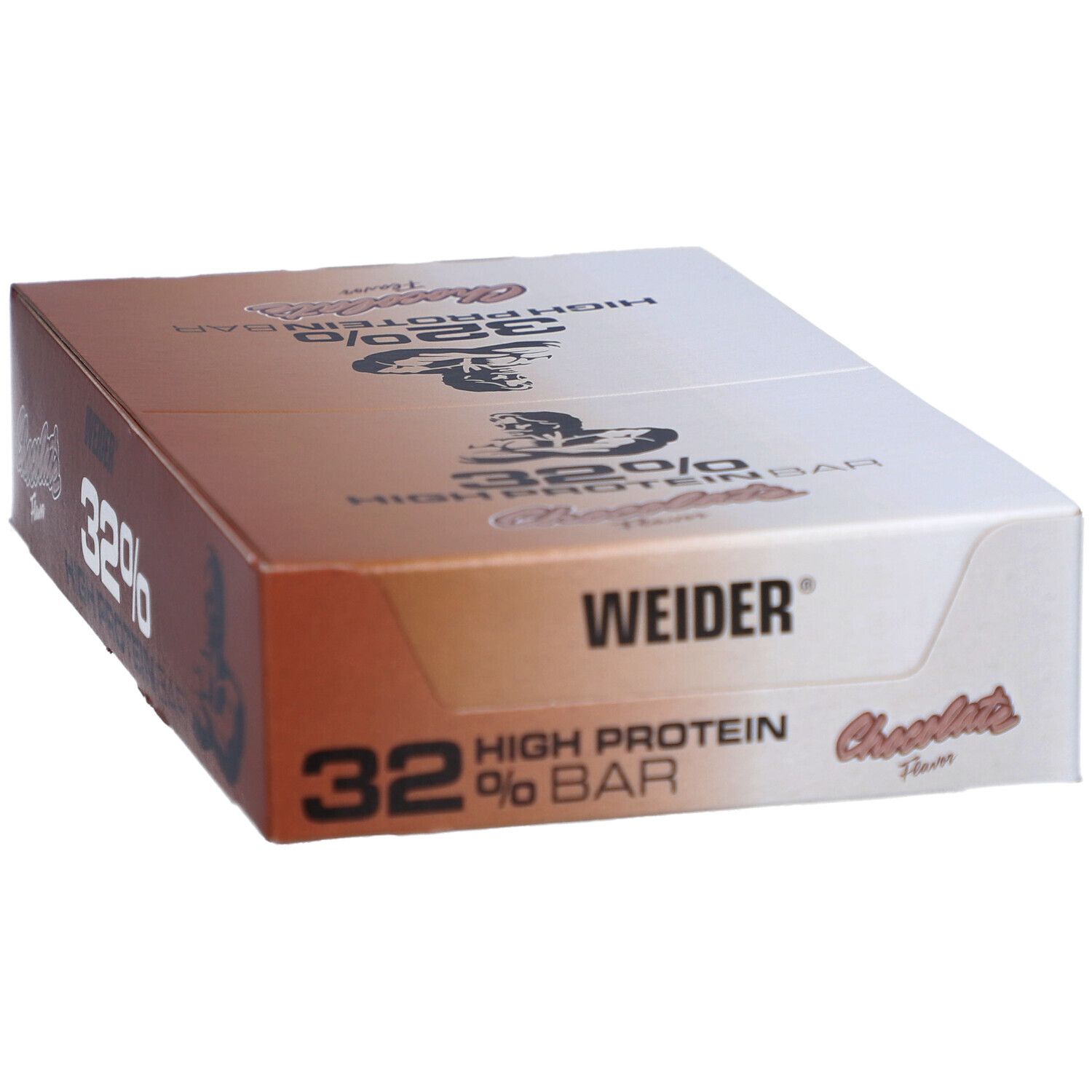 Boîte de barres protéinées Weider 32%. Emballage avec inscription : 32%, saveur chocolat, logo Weider. Vue de dessus.