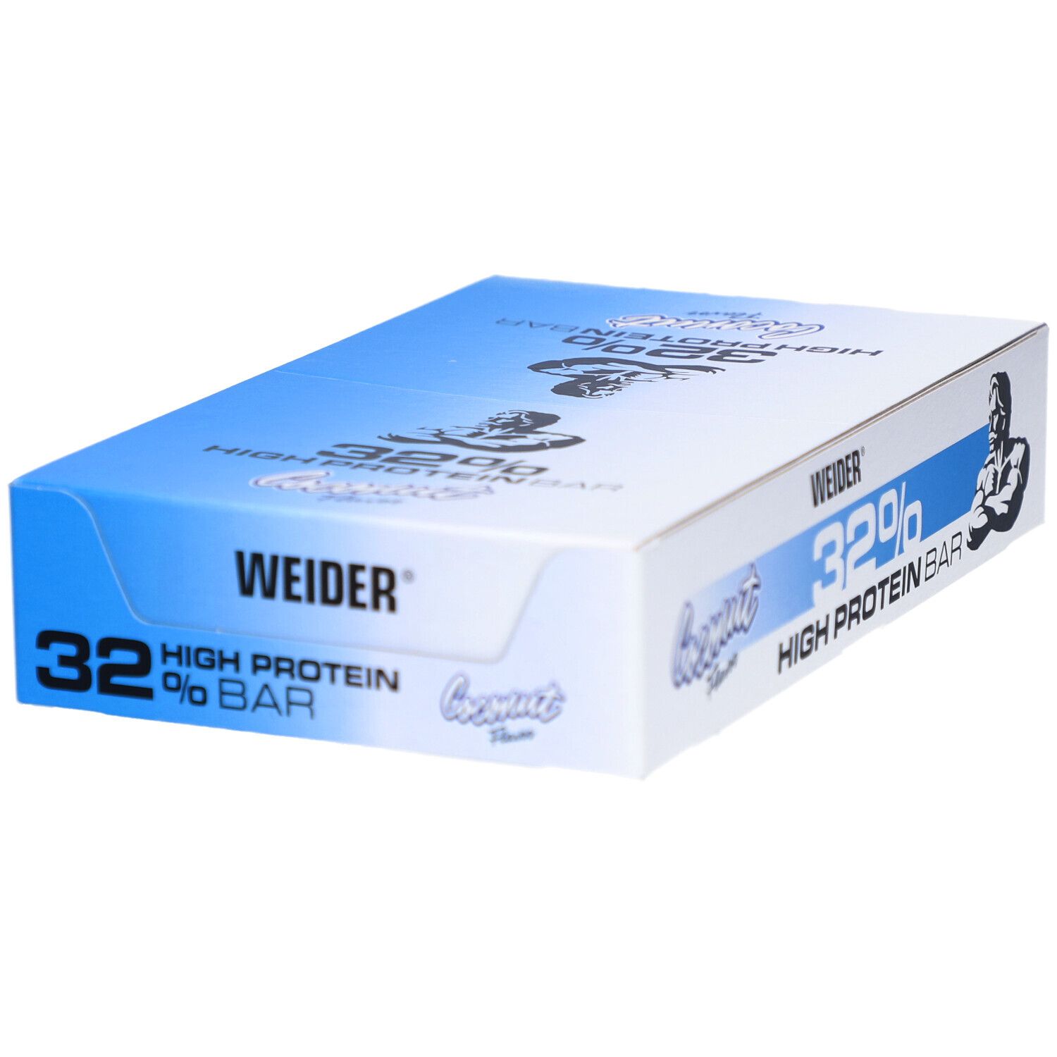 Boîte de barres protéinées Weider 32%. Emballage bleu et blanc. Inscription: 32% High Protein Bar, Weider, saveur noix de coco.