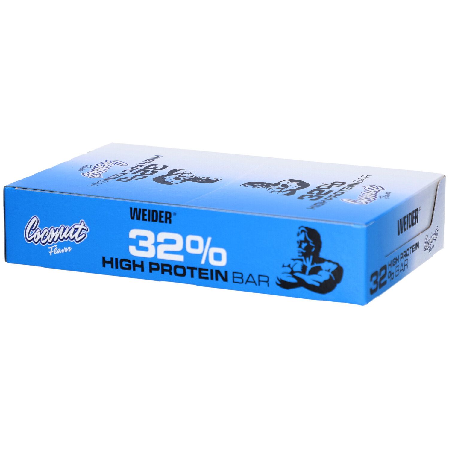 Boîte bleue de barres protéinées Weider 32%. Inscription: 32% High Protein Bar, Weider, saveur noix de coco. Image d'un homme.