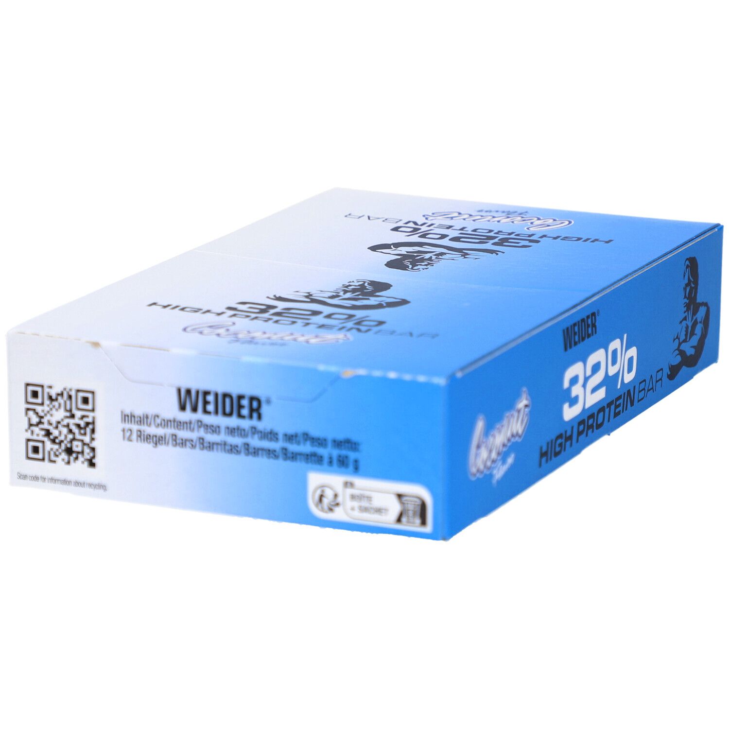 Boîte bleue de barres protéinées Weider 32%. Inscription: 32% High Protein Bar, Weider, saveur noix de coco. Code QR et informations nutritionnelles.