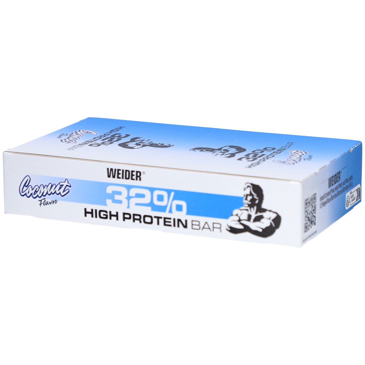 Boîte blanche et bleue de barres protéinées Weider 32%. Inscription: 32% High Protein Bar, Weider, saveur noix de coco. Code QR.