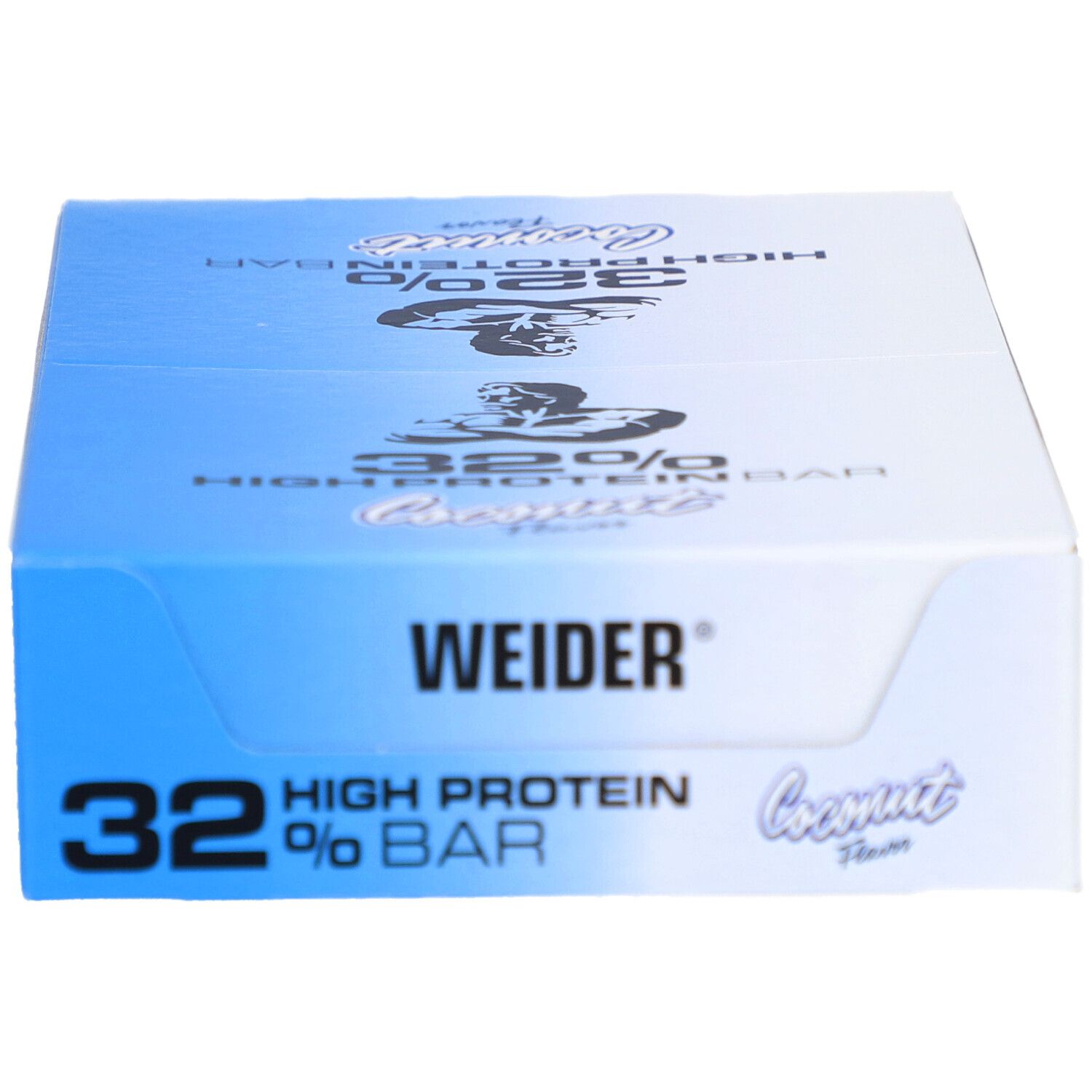 Boîte bleue de barres protéinées Weider 32%. Inscription: 32% High Protein Bar, Weider, saveur noix de coco. Plusieurs logos.