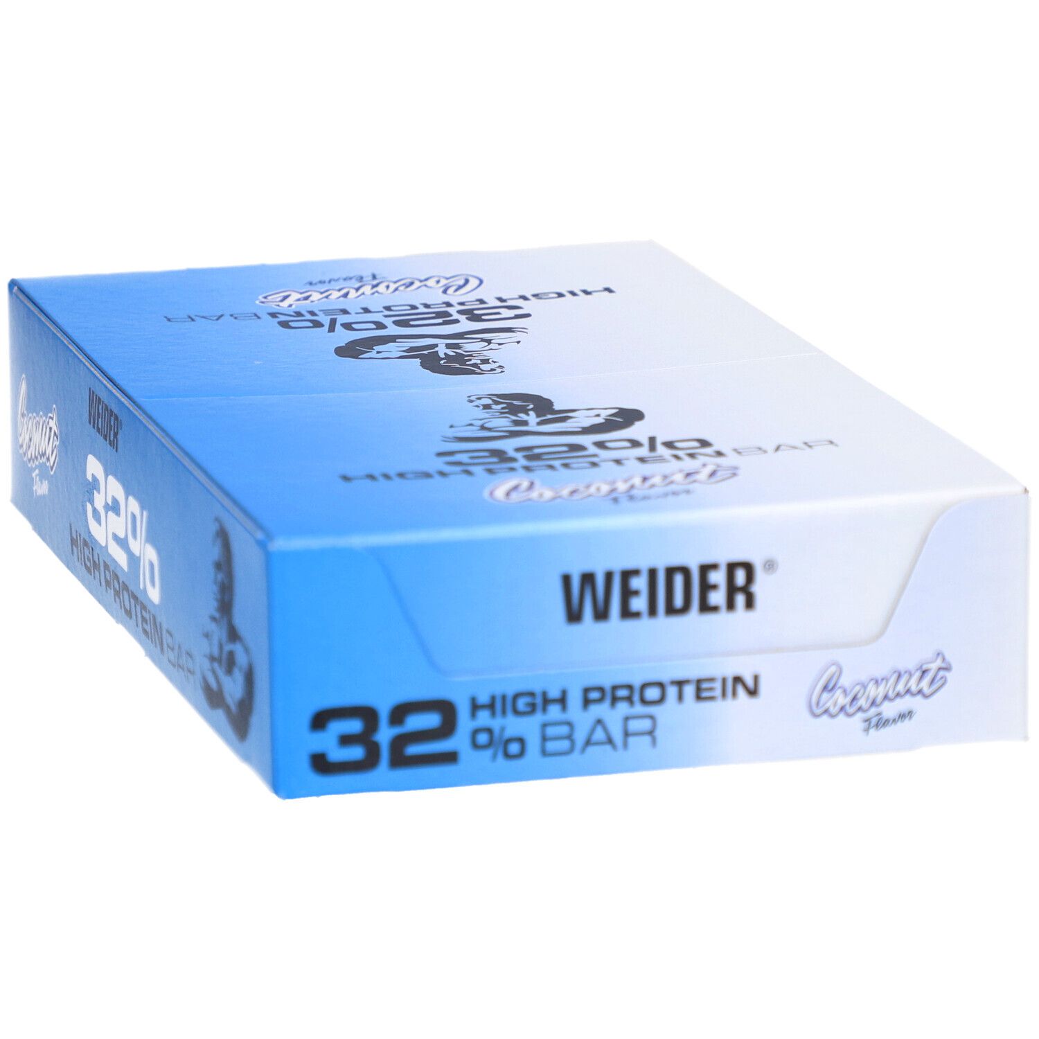 Boîte bleue de barres protéinées Weider 32%. Inscription: 32% High Protein Bar, Weider, saveur noix de coco. Logo et texte.