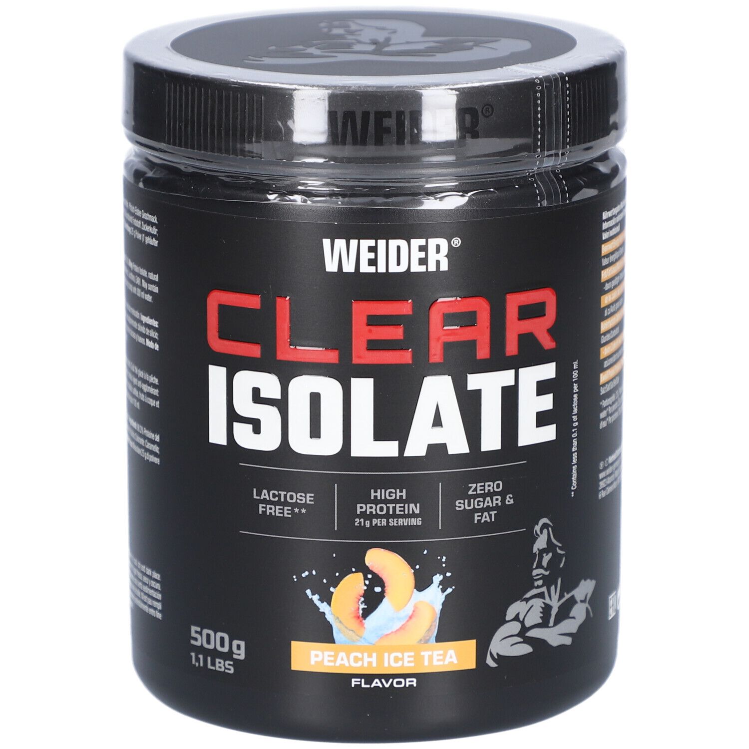 Pot noir "WEIDER" et "CLEAR ISOLATE". Contient 500g. Goût: Peach Ice Tea. 21g de protéines par portion.