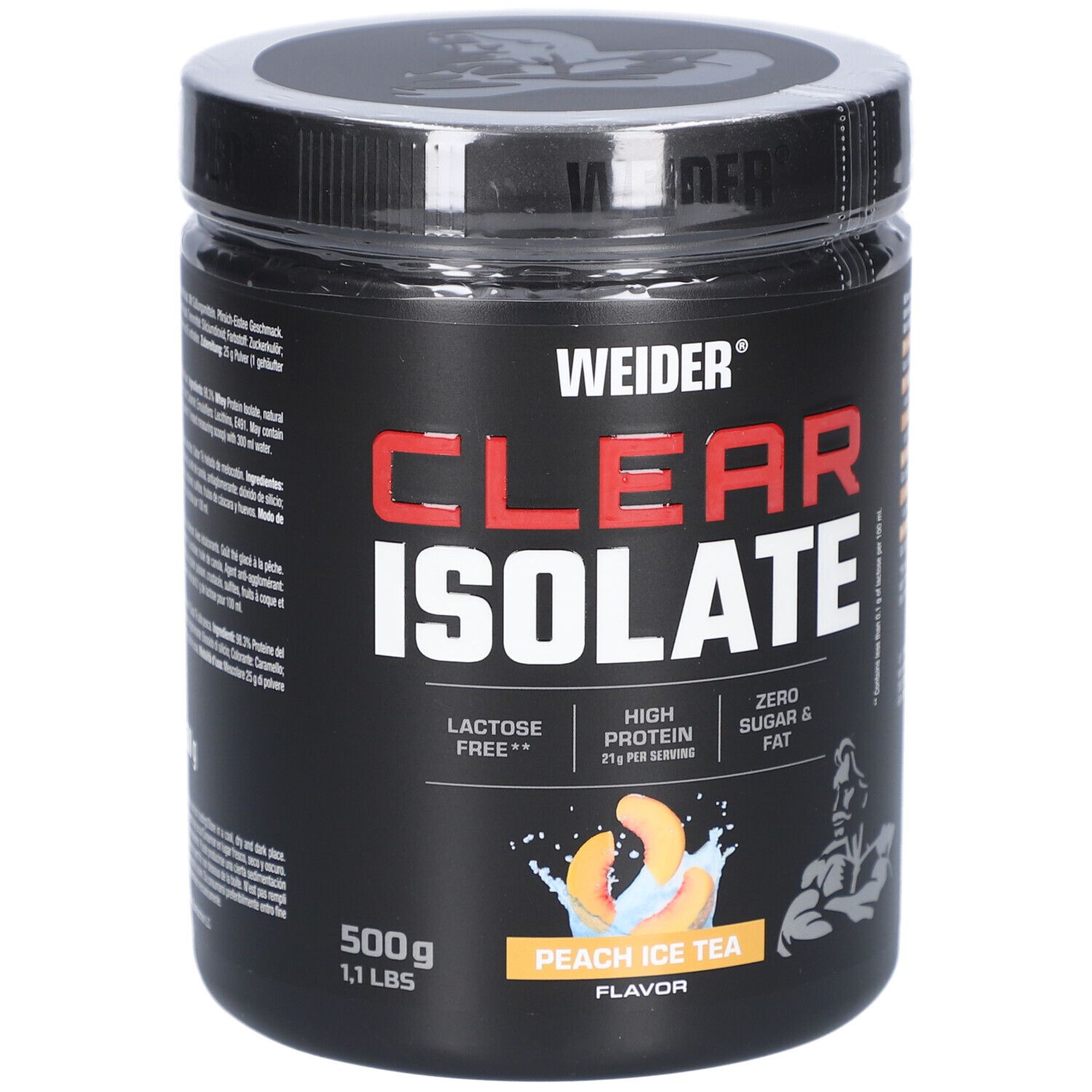 Pot noir "WEIDER" et "CLEAR ISOLATE". Contient 500g. Goût: Peach Ice Tea. 21g de protéines par portion.