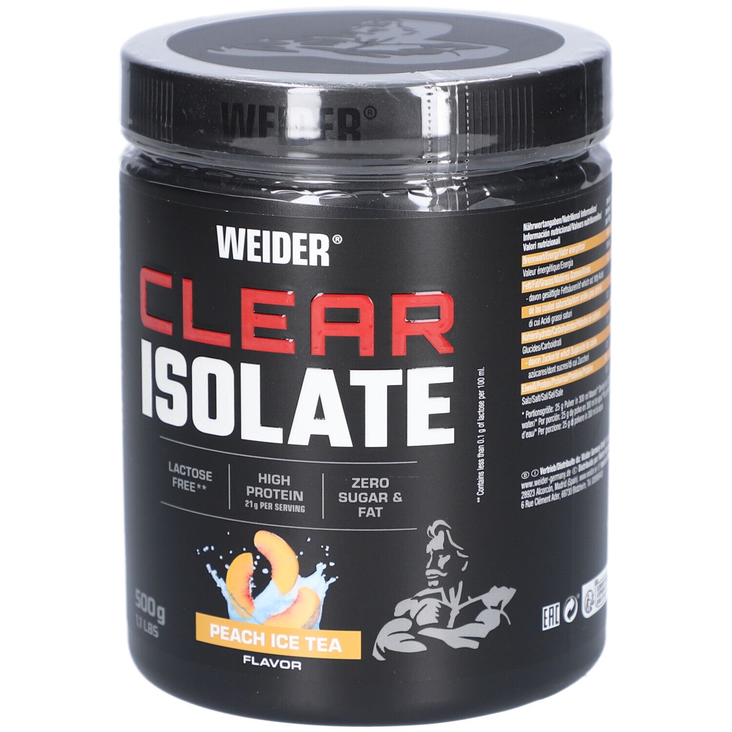Pot noir "WEIDER" et "CLEAR ISOLATE". Contient 500g. Goût: Peach Ice Tea. 21g de protéines par portion.