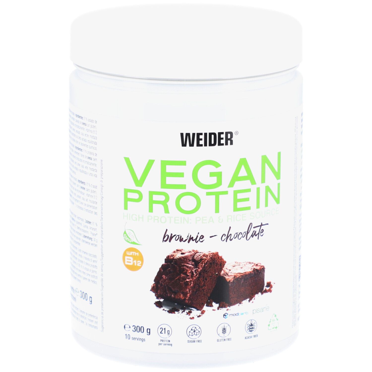Pot blanc de Vegan Protein. Inscription: Vegan Protein Brownie-Chocolate. Illustration de morceaux de brownie. Contient de la vitamine B12.