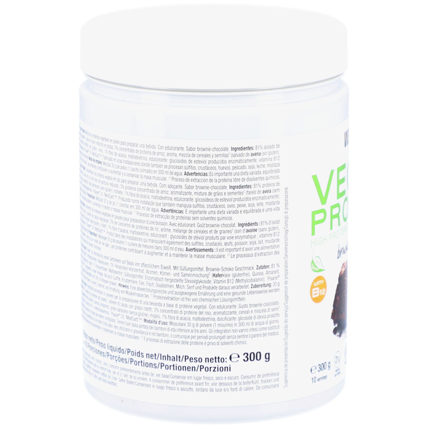 Dos du pot blanc de Vegan Protein. Texte en plusieurs langues. Contient des informations sur les ingrédients et la valeur nutritionnelle.