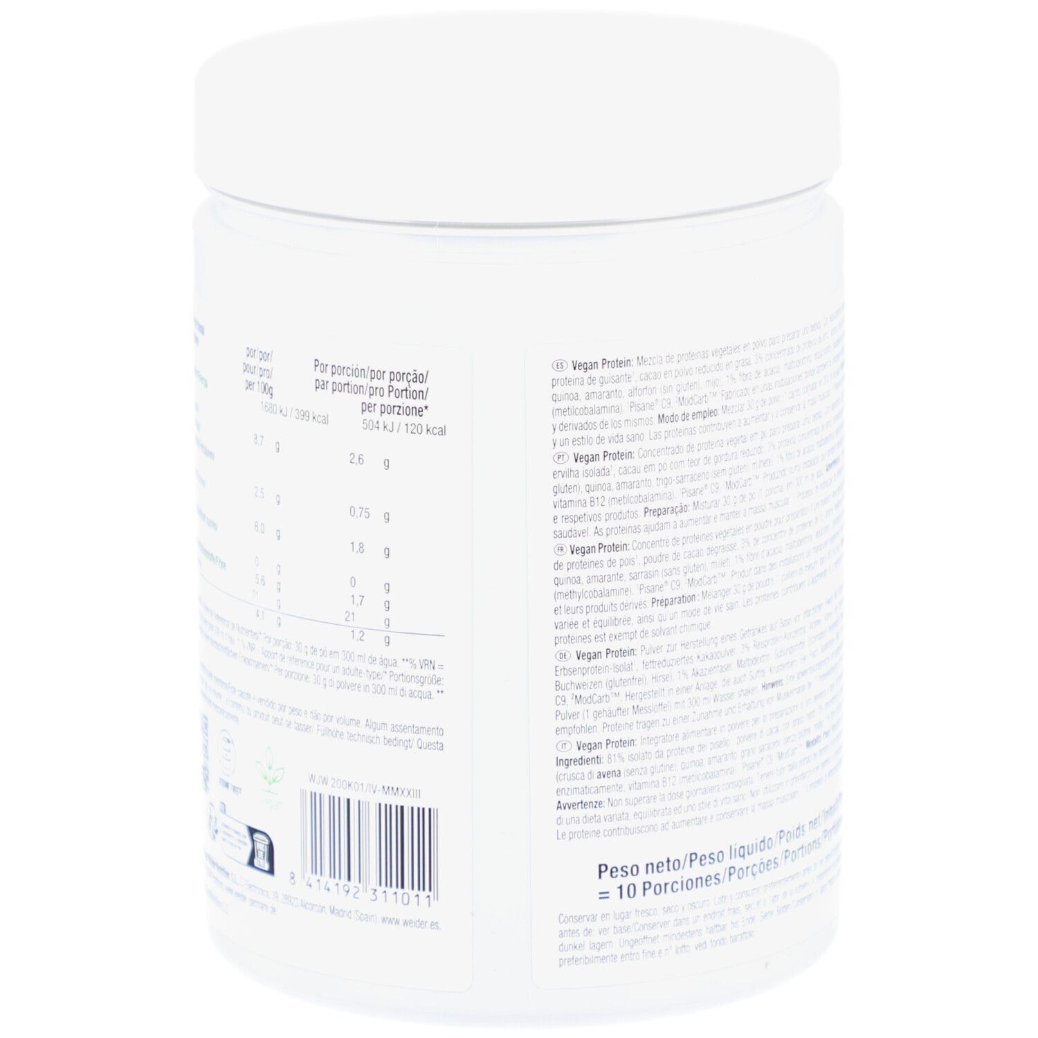 Dos du pot blanc de Vegan Protein. Tableau des valeurs nutritionnelles en plusieurs langues. Code QR et autres informations.