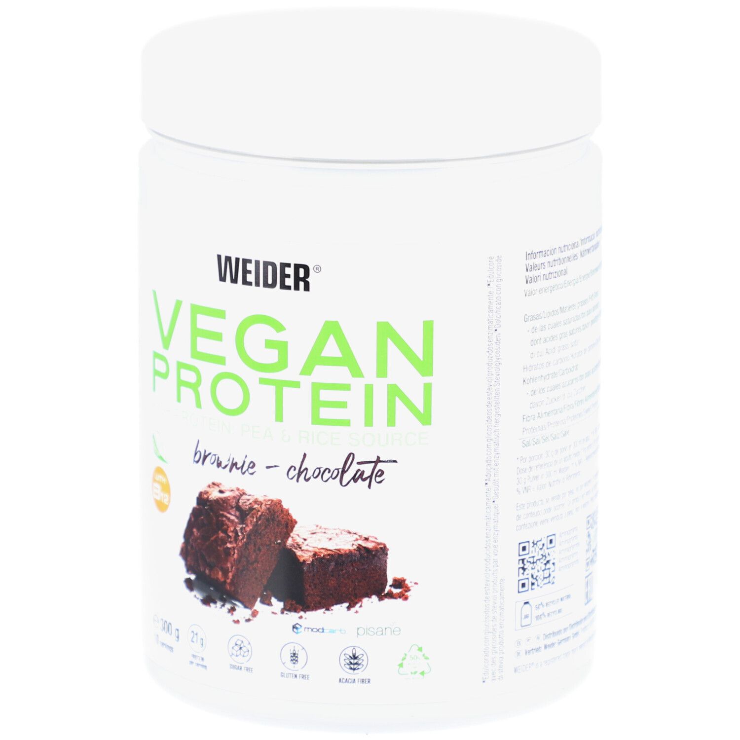 Pot blanc de Vegan Protein. Inscription: Vegan Protein Brownie-Chocolate. Illustration de morceaux de brownie. Contient de la vitamine B12.