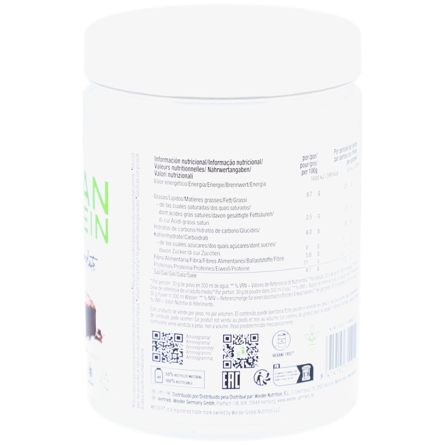 Dos du pot blanc de Vegan Protein. Tableau des valeurs nutritionnelles en plusieurs langues. Code QR et autres informations.