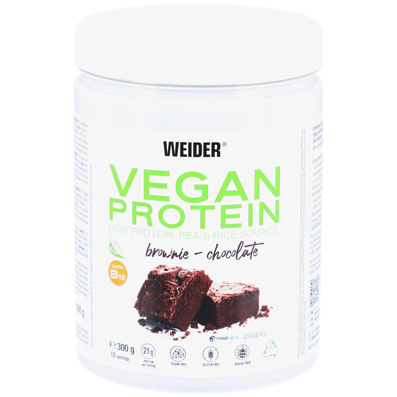 Pot blanc de Vegan Protein. Inscription: Vegan Protein Brownie-Chocolate. Illustration de morceaux de brownie. Contient de la vitamine B12.