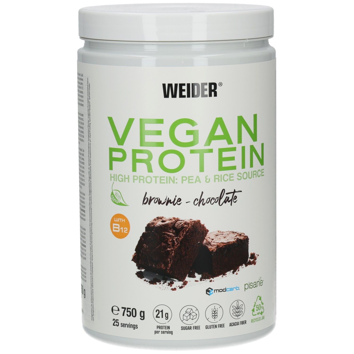 Pot blanc avec Vegan Protein, goût brownie. Contient 750g. Deux morceaux de brownie sont représentés.