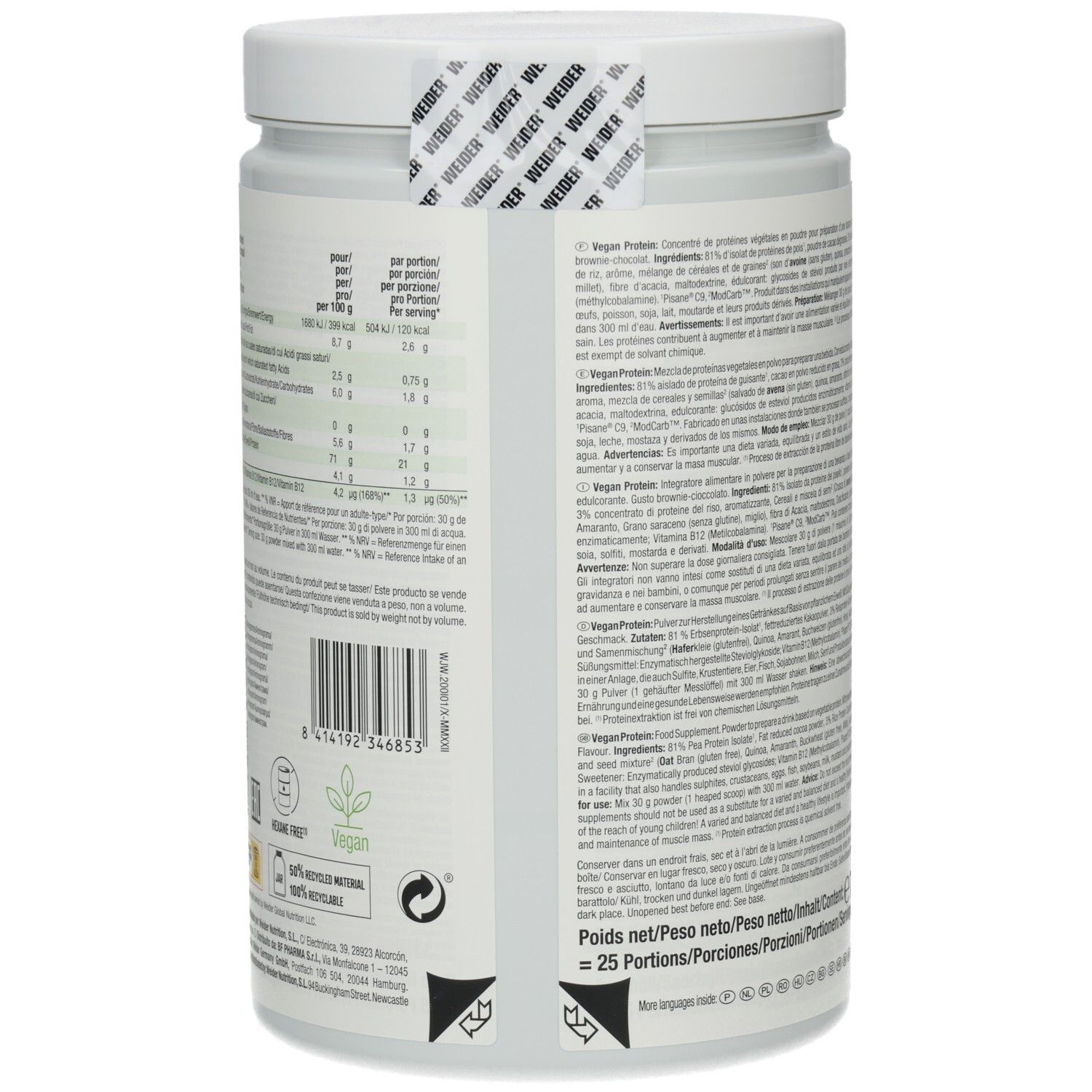 Pot blanc, dos avec texte et code-barres. Sceau avec inscription Weider. Contient 25 portions.