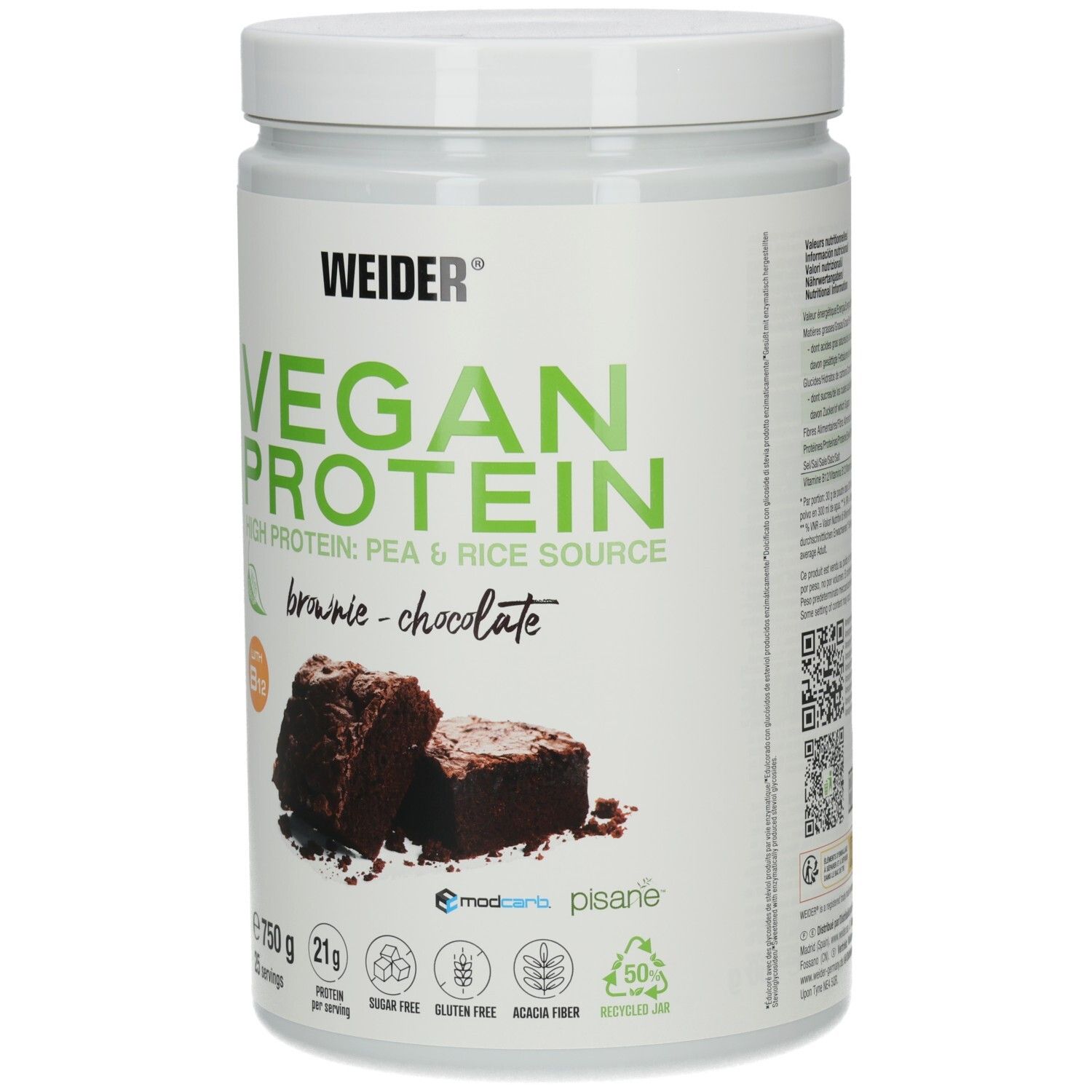 Pot blanc avec Vegan Protein, goût brownie. Contient 750g. Deux morceaux de brownie sont représentés.