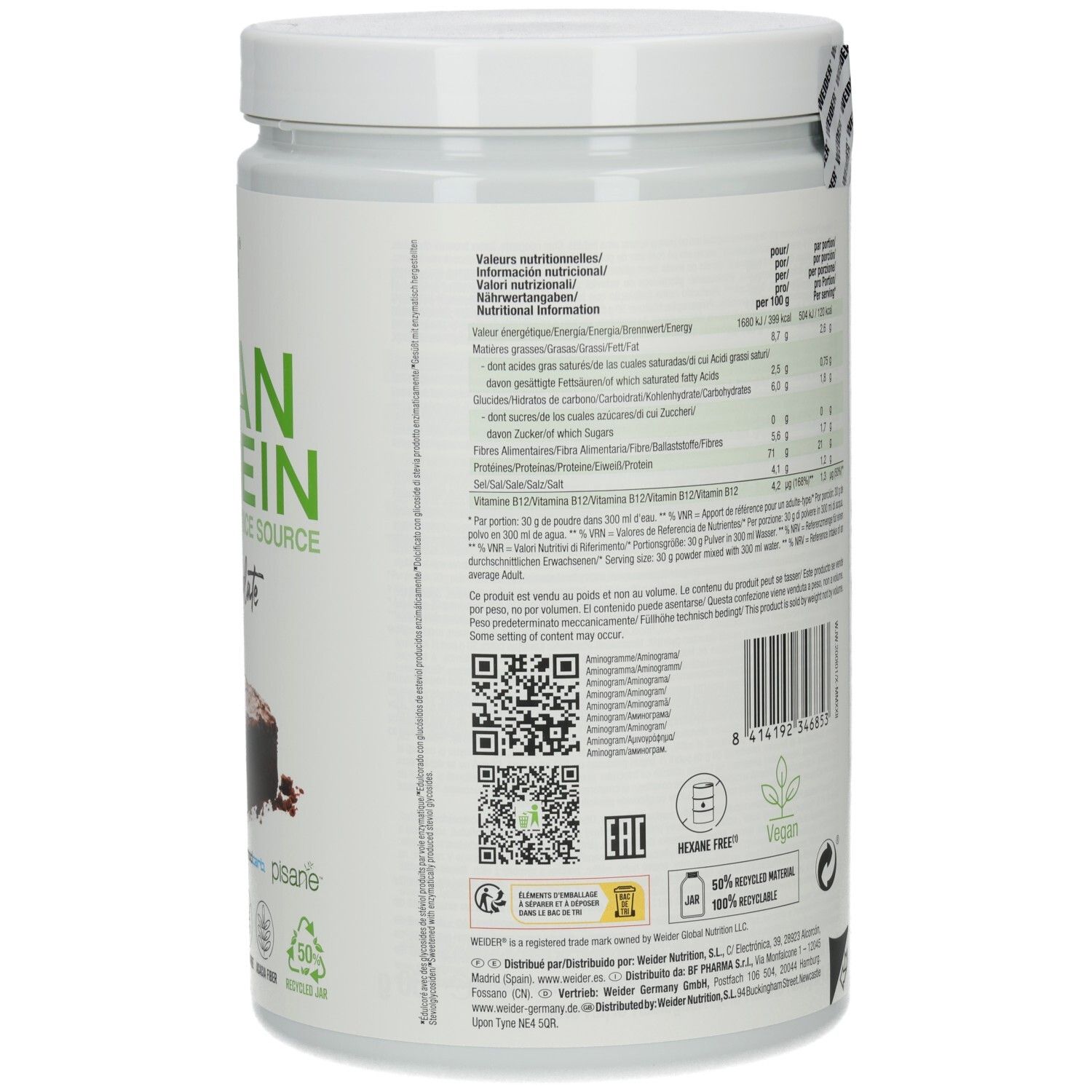 Pot blanc, dos avec texte. Contient des informations sur les ingrédients et la valeur nutritionnelle. Code QR.