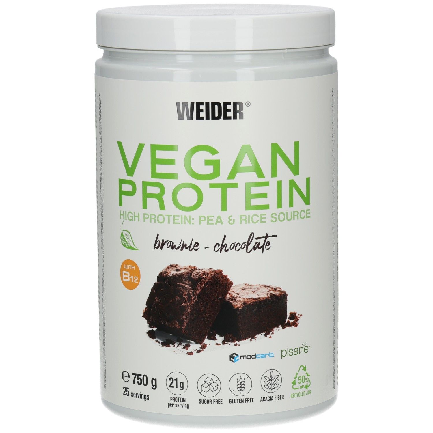 Pot blanc avec Vegan Protein, goût brownie. Contient 750g. Deux morceaux de brownie sont représentés.