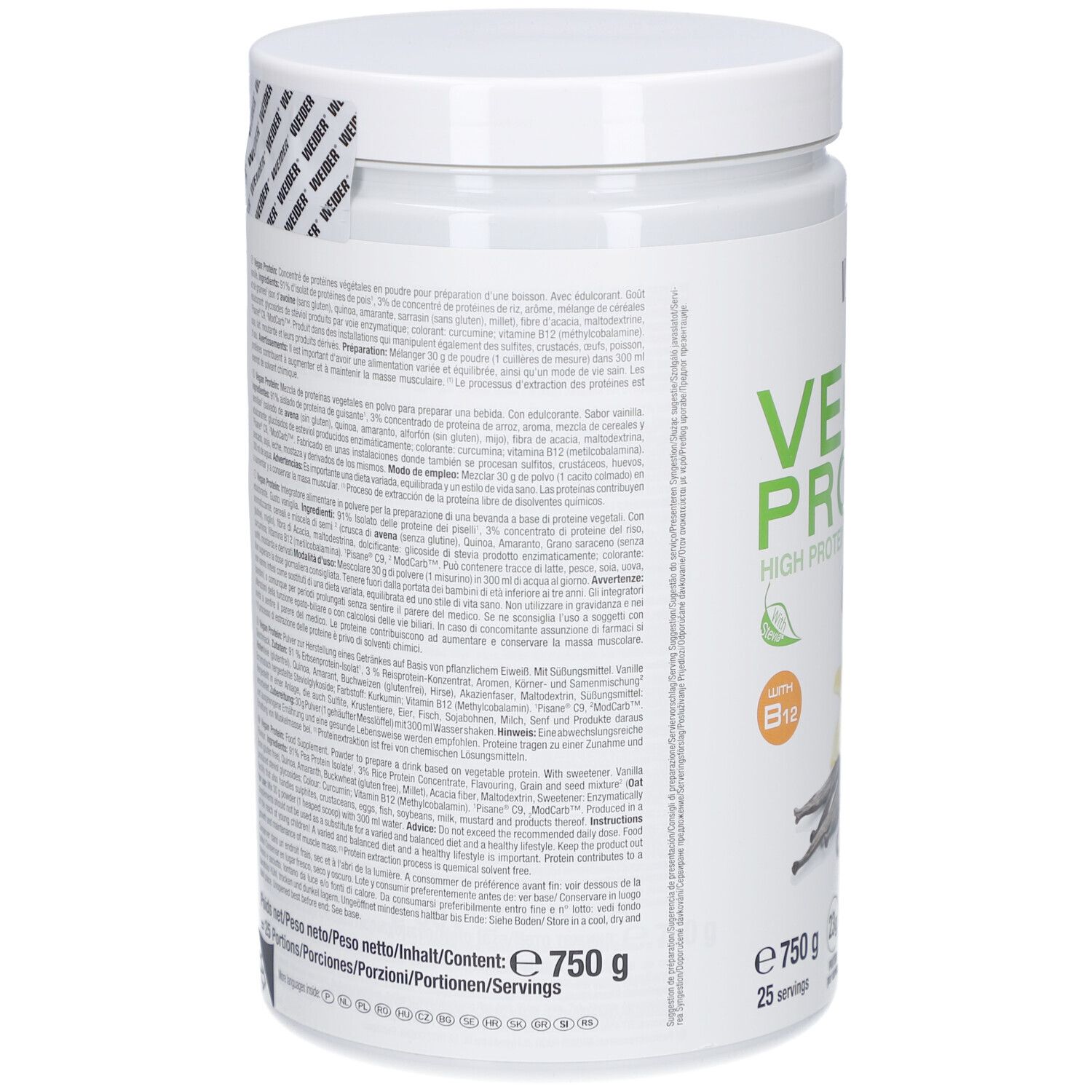 Pot de Weider Vegan Protein, dos. Texte multilingue. Sceau avec logo Weider. Contient 750g, 25 portions.