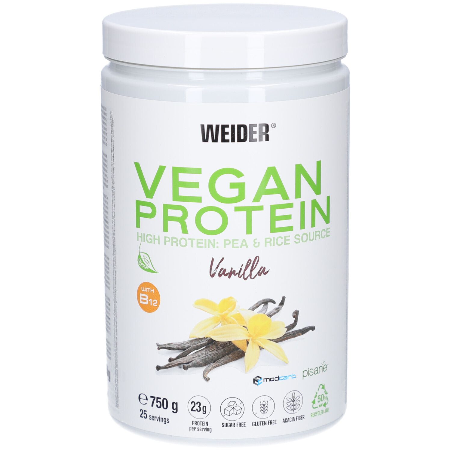 Weider Vegan Protein, saveur vanille, pot de 750g. Contient des protéines de pois et de riz. Avec vitamine B12. Image de fleurs de vanille.
