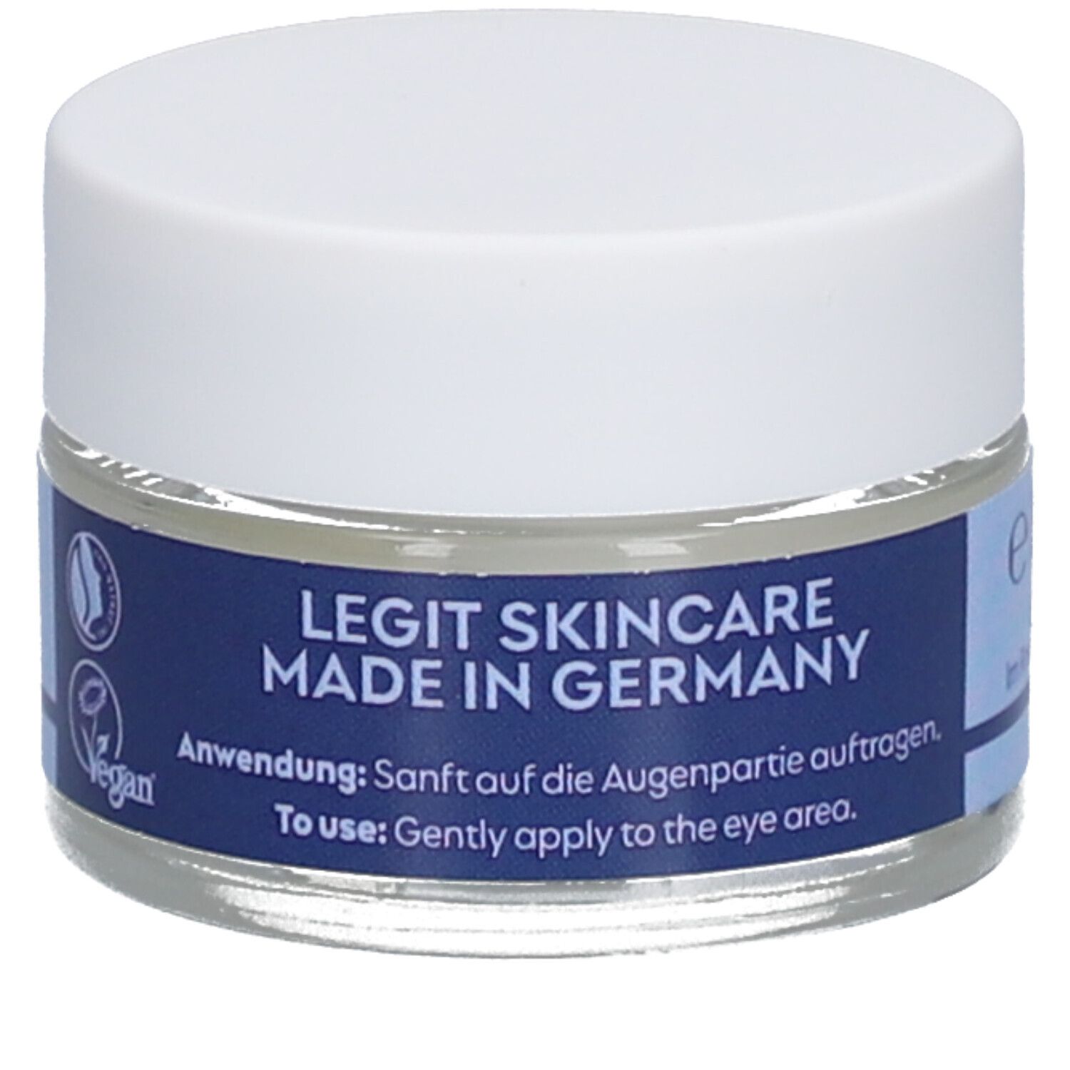 Pot de crème pour les yeux avec couvercle blanc. Bande bleue avec texte : LEGIT SKINCARE MADE IN GERMANY. Label vegan.