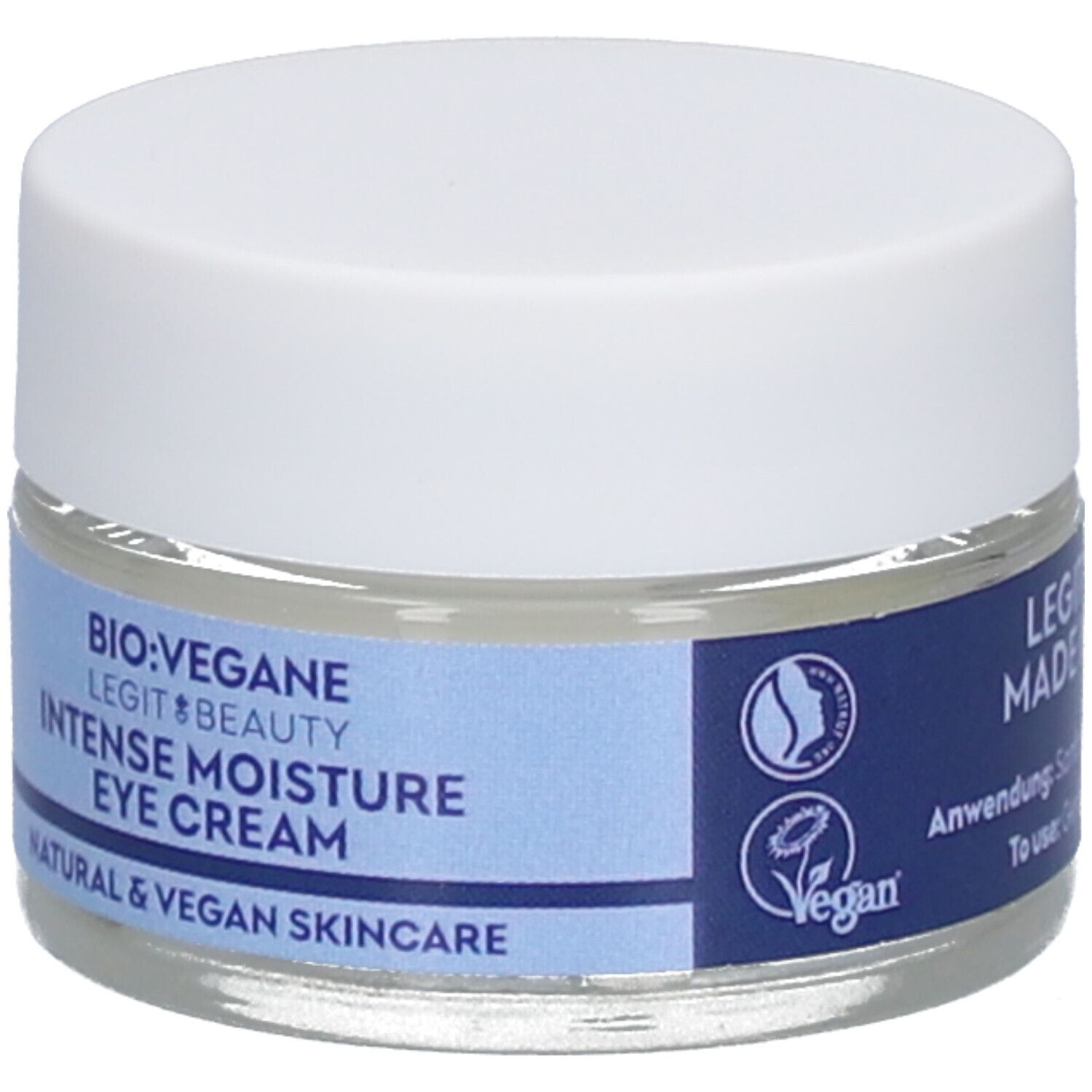 Pot de crème pour les yeux avec couvercle blanc. Bande bleue avec texte : BIO:VEGANE Intense Moisture Eye Cream. Label vegan.