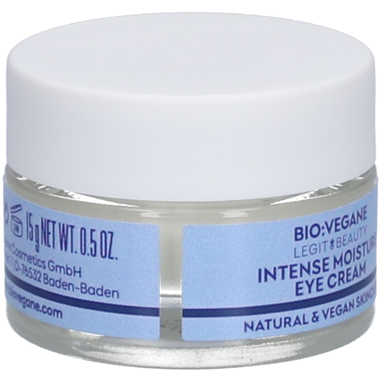 Pot de crème pour les yeux avec couvercle blanc. Bande bleue avec texte : BIO:VEGANE Intense Moisture Eye Cream. 15g Net Wt. 0.5 OZ.