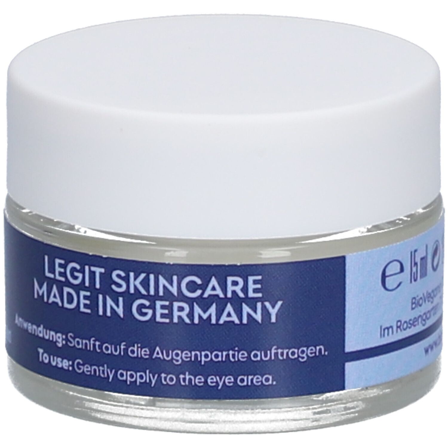 Pot de crème pour les yeux avec couvercle blanc. Bande bleue avec texte : LEGIT SKINCARE MADE IN GERMANY. e 15ml.