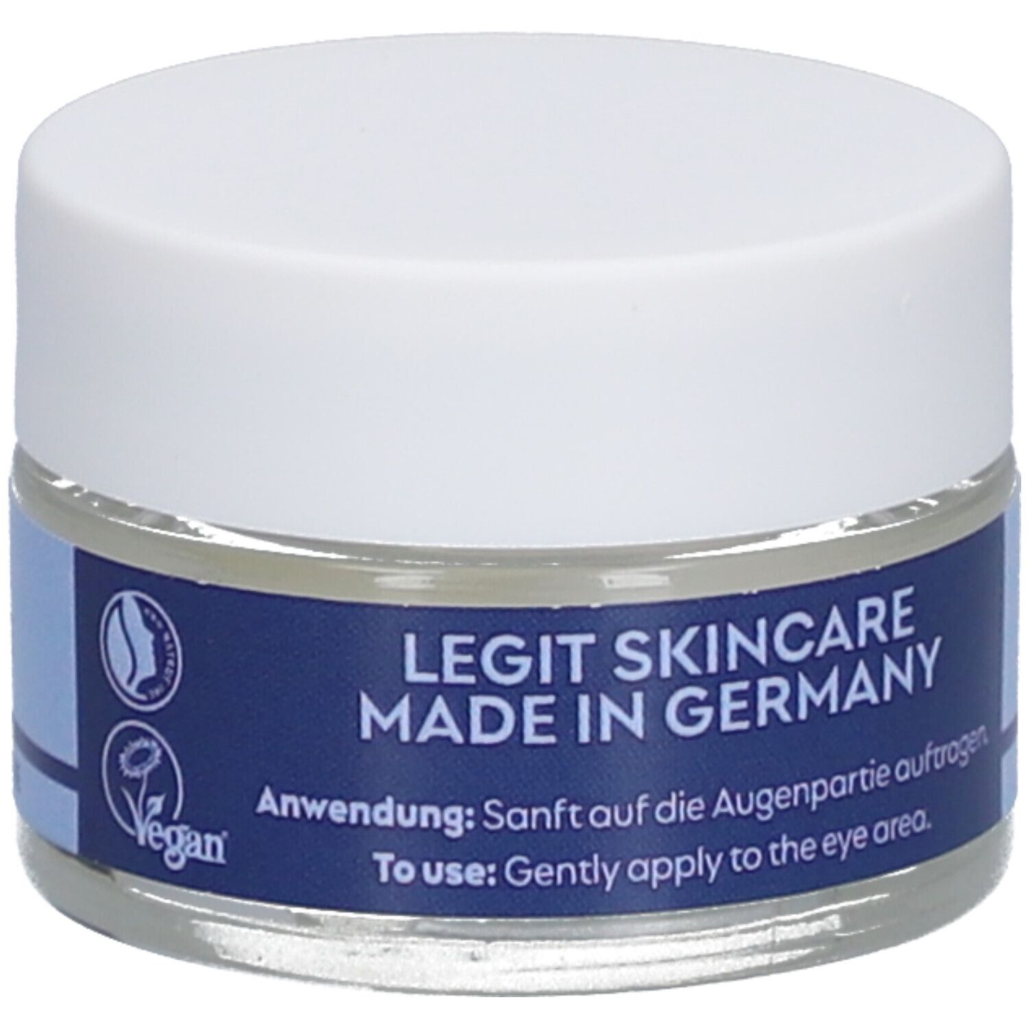 Pot de crème pour les yeux avec couvercle blanc. Bande bleue avec texte : LEGIT SKINCARE MADE IN GERMANY. Label vegan.