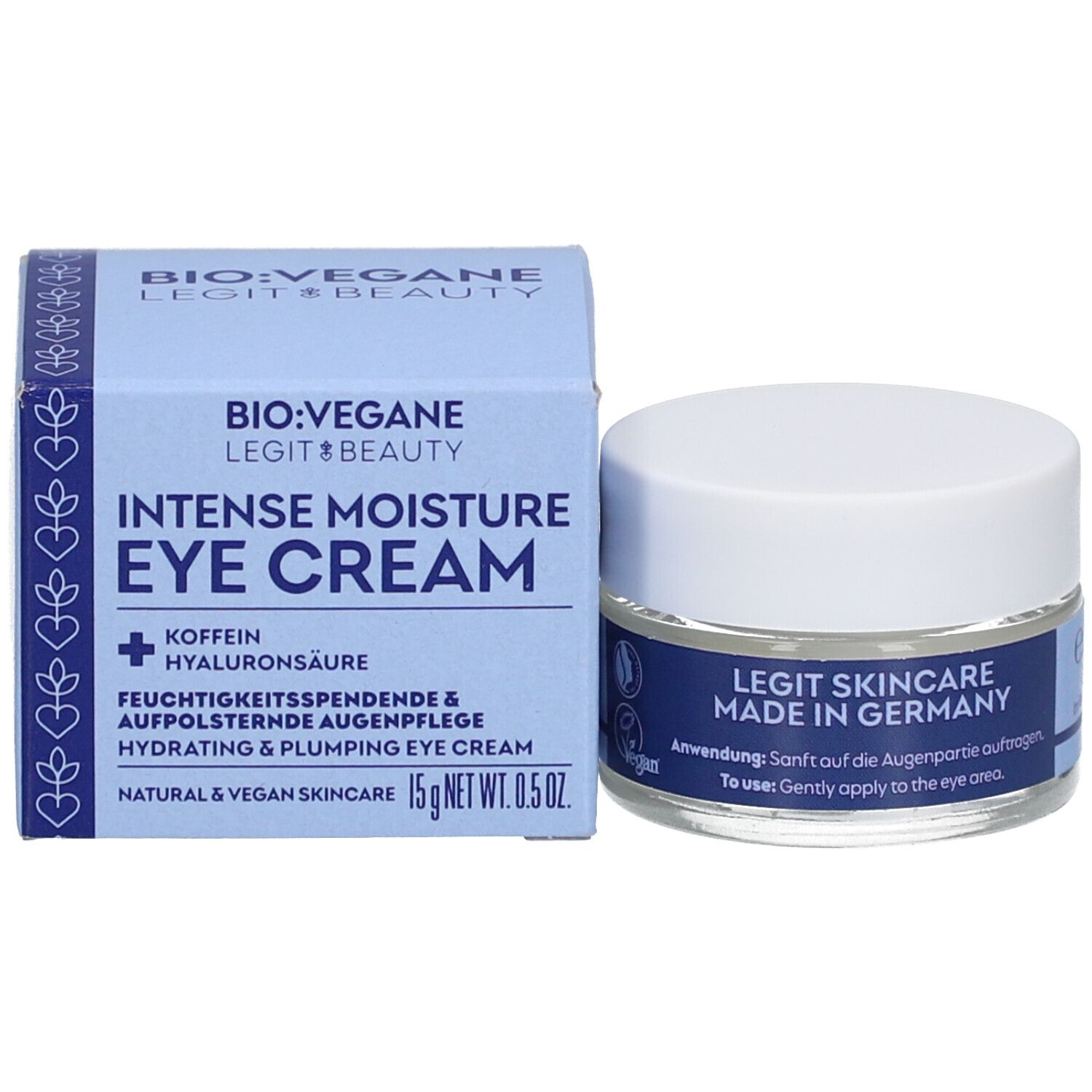 Pot de crème pour les yeux et boîte. Boîte avec texte : BIO:VEGANE Intense Moisture Eye Cream. 15g NET WT. 0.5 OZ.