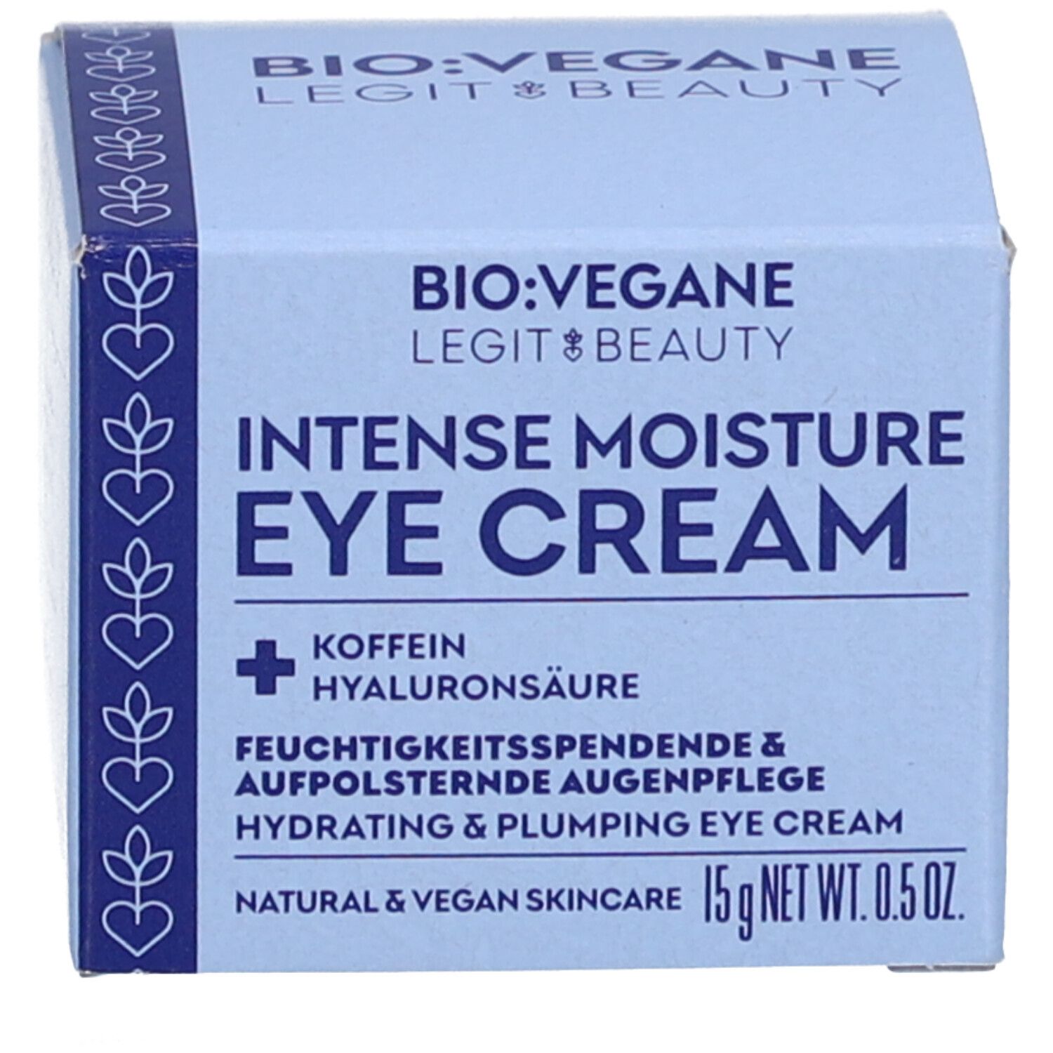 Boîte avec texte : BIO:VEGANE Intense Moisture Eye Cream. 15g NET WT. 0.5 OZ. Avec informations sur le contenu.