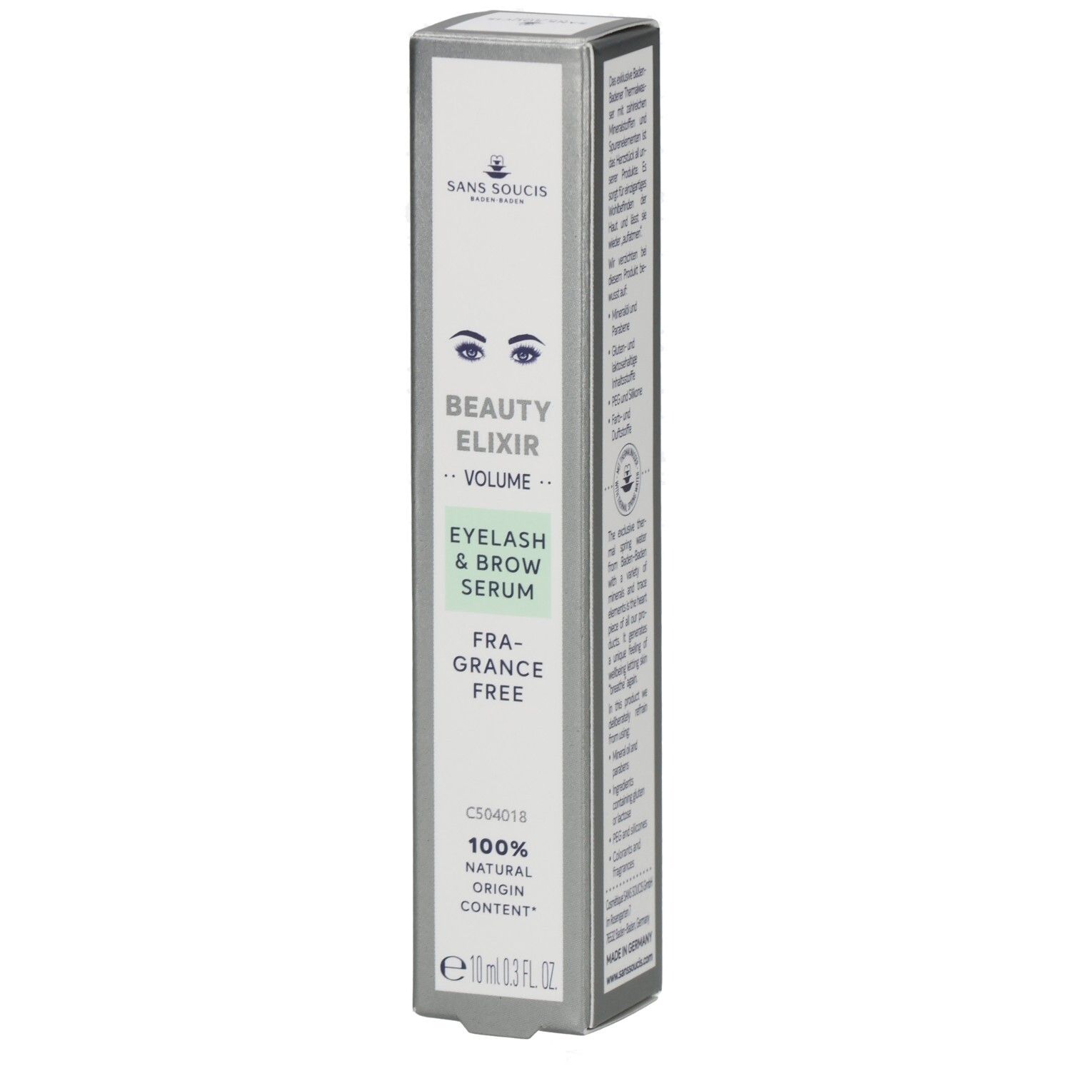 Boîte de Sans Soucis® Beauty Elixir. Inscription: Beauty Elixir Volume, Eyelash & Brow Serum, Fragrance Free. 100% Natural Origin Content.