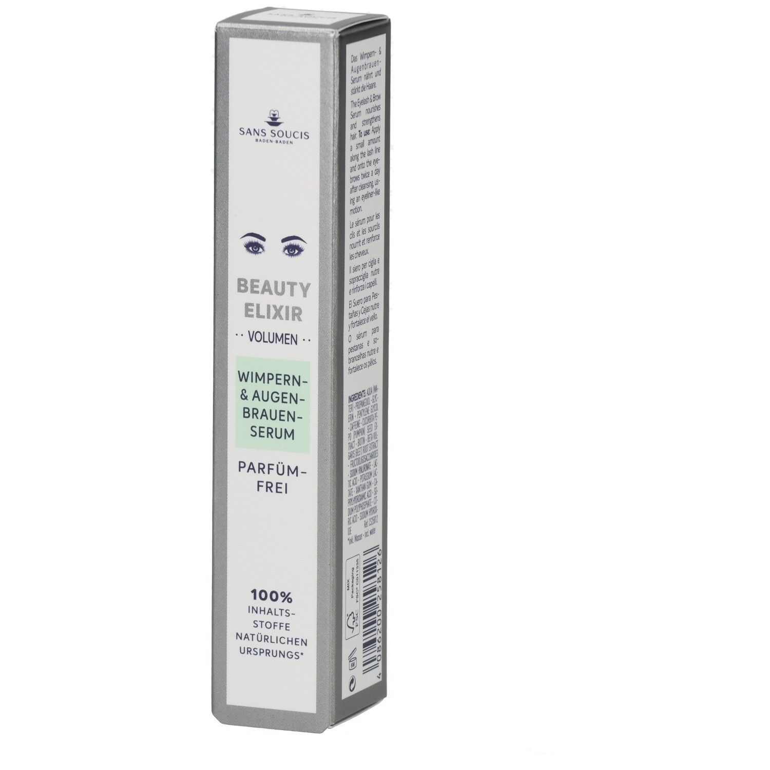 Boîte de Sans Soucis® Beauty Elixir. Inscription: Beauty Elixir Volume, Wimpern & Augenbrauen-Serum, Parfum-frei. 100% Inhaltsstoffe natürlichen Ursprungs.