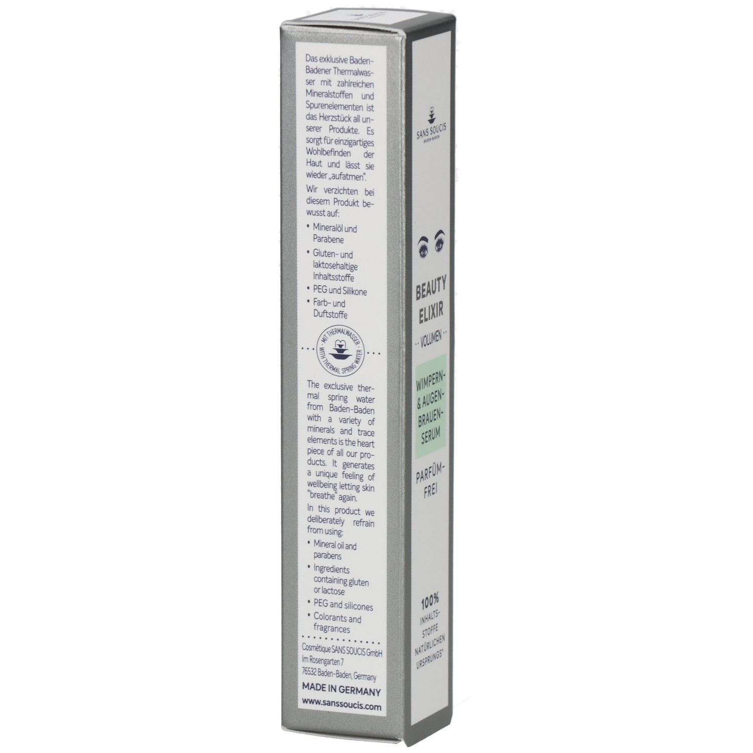 Boîte de Sans Soucis® Beauty Elixir. Inscription: Beauty Elixir Volume, Wimpern & Augenbrauen-Serum, Parfum-frei. Made in Germany.