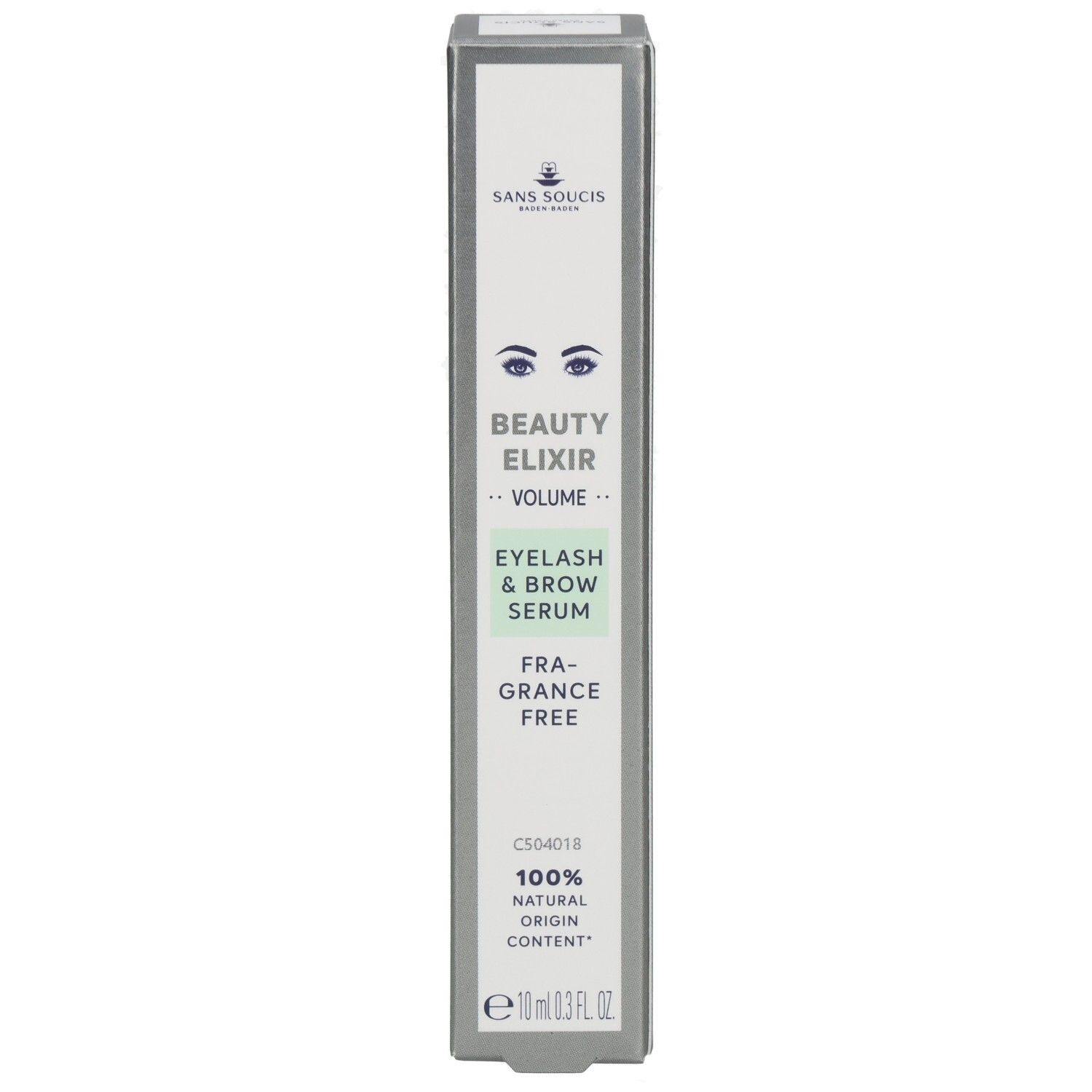 Boîte de Sans Soucis® Beauty Elixir. Inscription: Beauty Elixir Volume, Eyelash & Brow Serum, Fragrance Free. 100% Natural Origin Content.