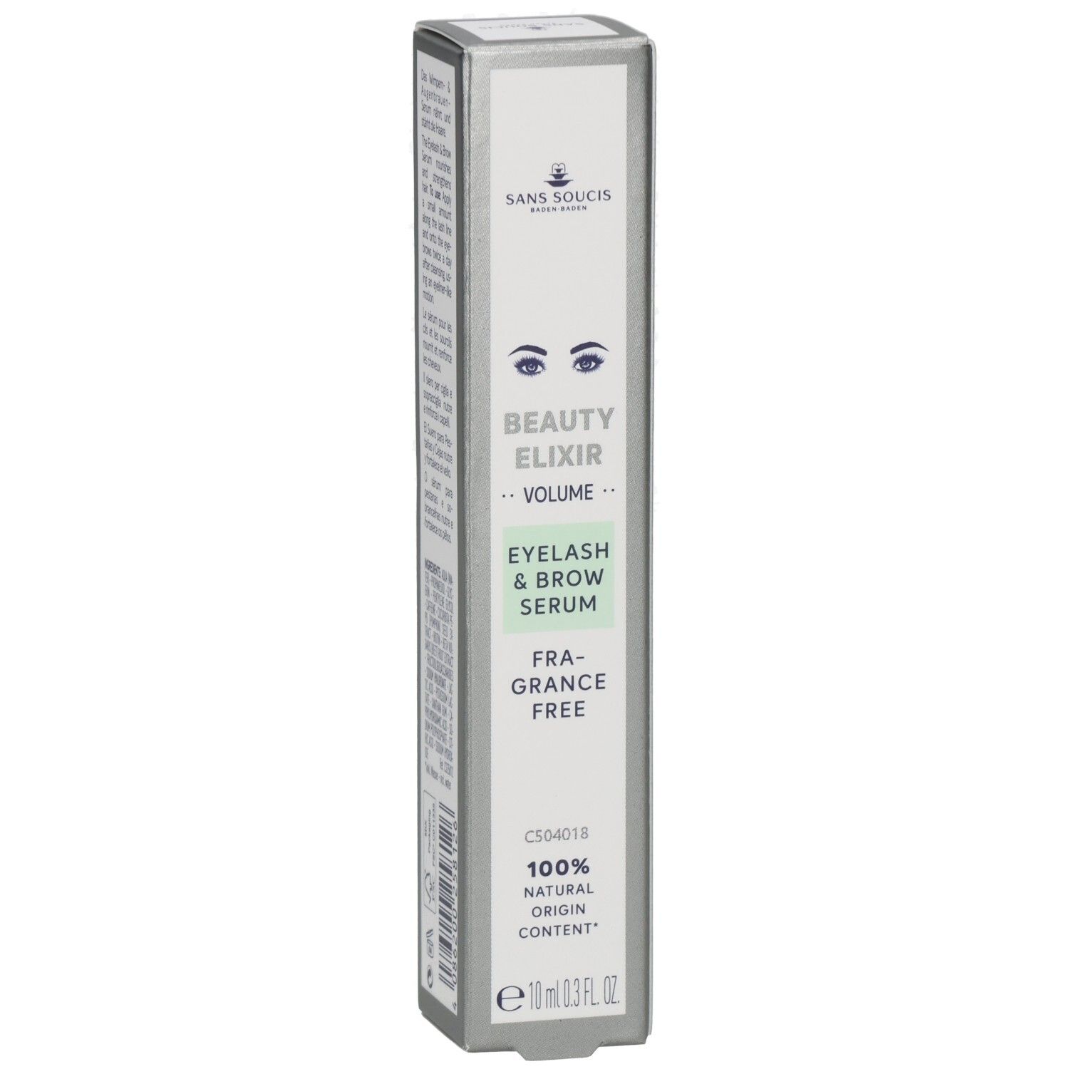 Boîte de Sans Soucis® Beauty Elixir. Inscription: Beauty Elixir Volume, Eyelash & Brow Serum, Fragrance Free. 100% Natural Origin Content.
