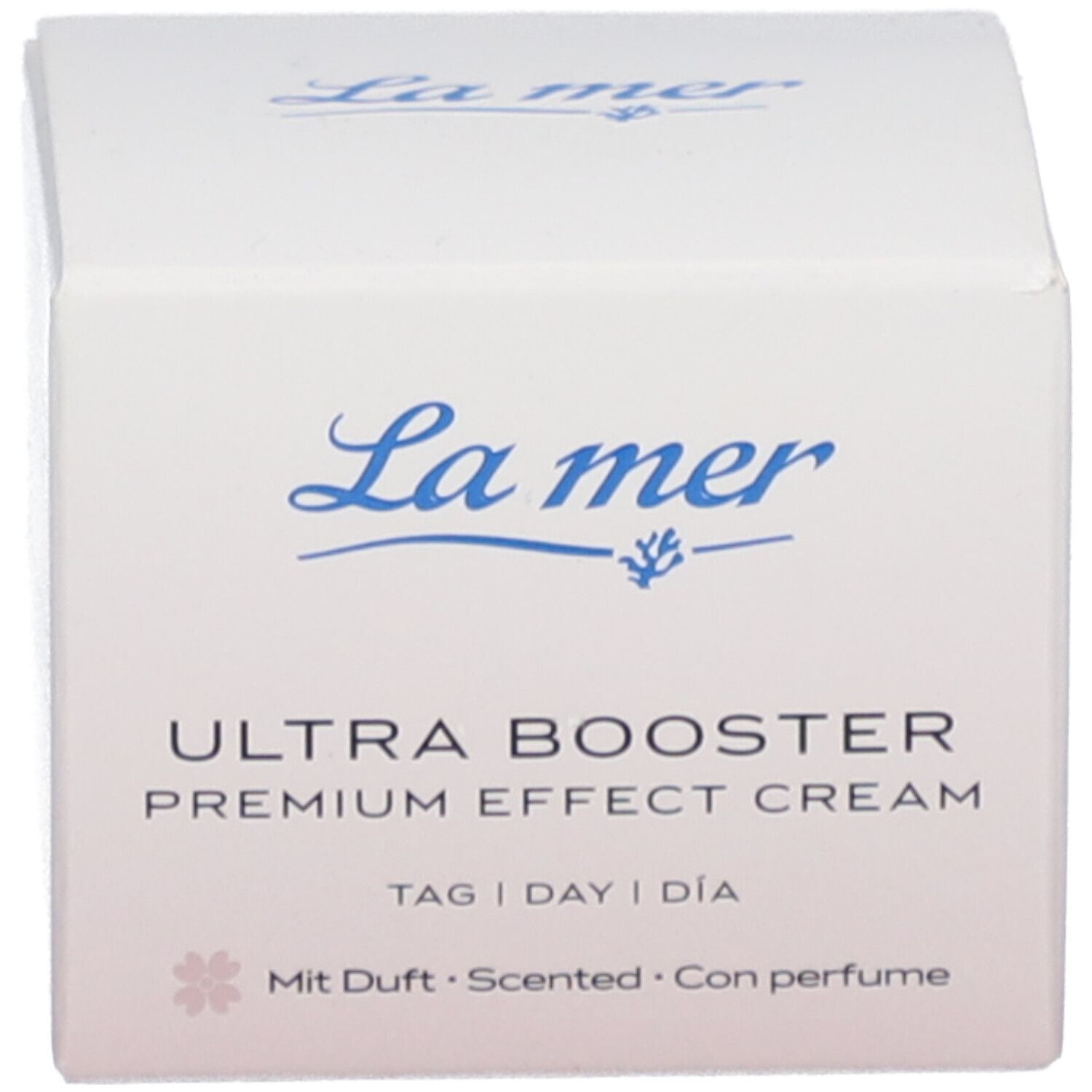 Boîte avec La mer Ultra Booster Premium Effect Cream. Inscription: Tag | Day | Día. Mit Duft.