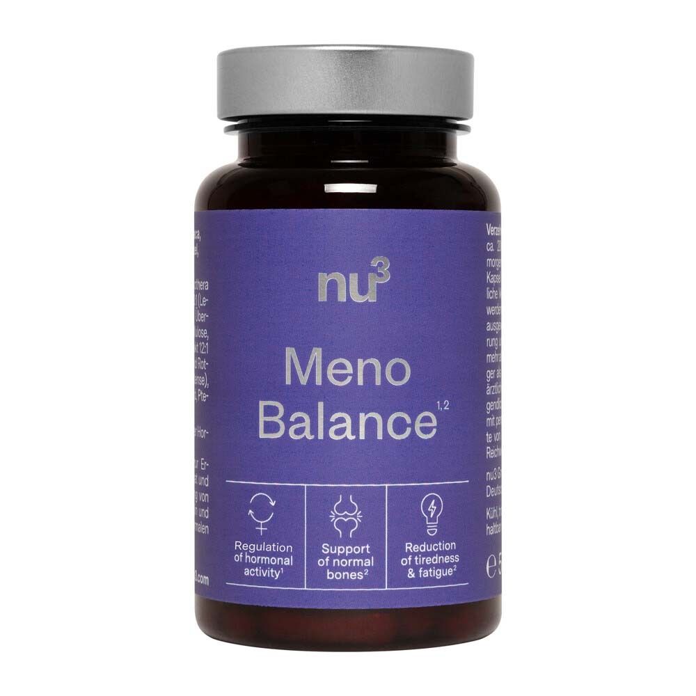 Flacon marron nu3 Meno Balance avec couvercle argenté. Étiquette violette avec texte blanc. Gélules pour l'équilibre hormonal.