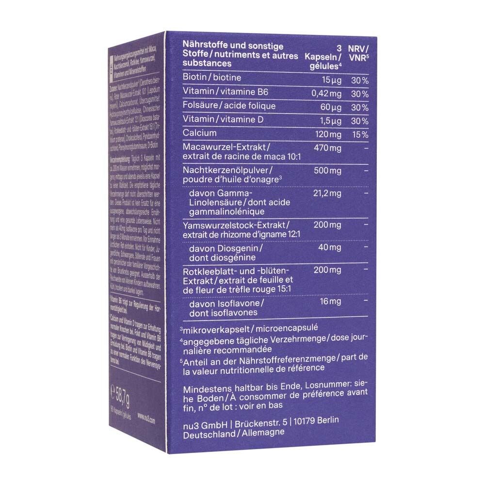 Dos d'une boîte violette de nu3 Meno Balance. Informations nutritionnelles en allemand.