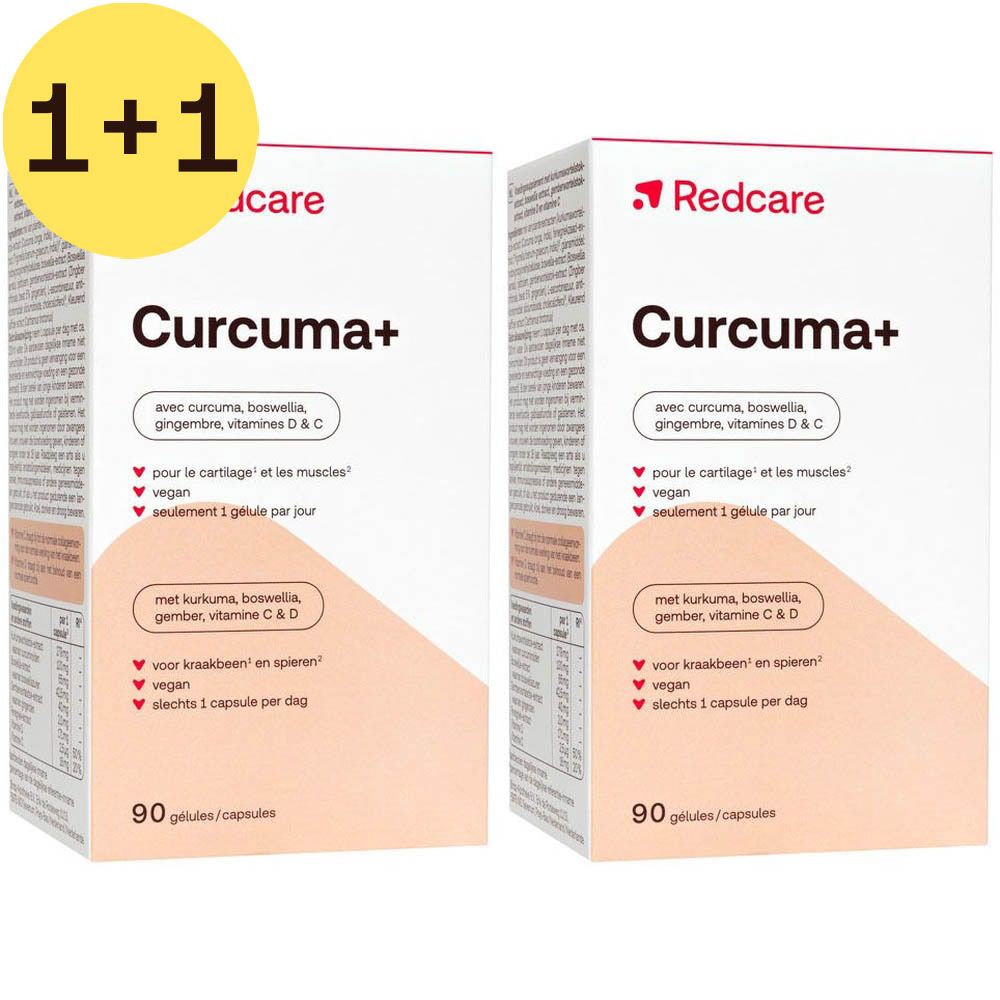 Deux boîtes de Redcare Curcuma+ avec vitamines D & C. Inscription: Curcuma+, 90 gélules. Marque rouge.