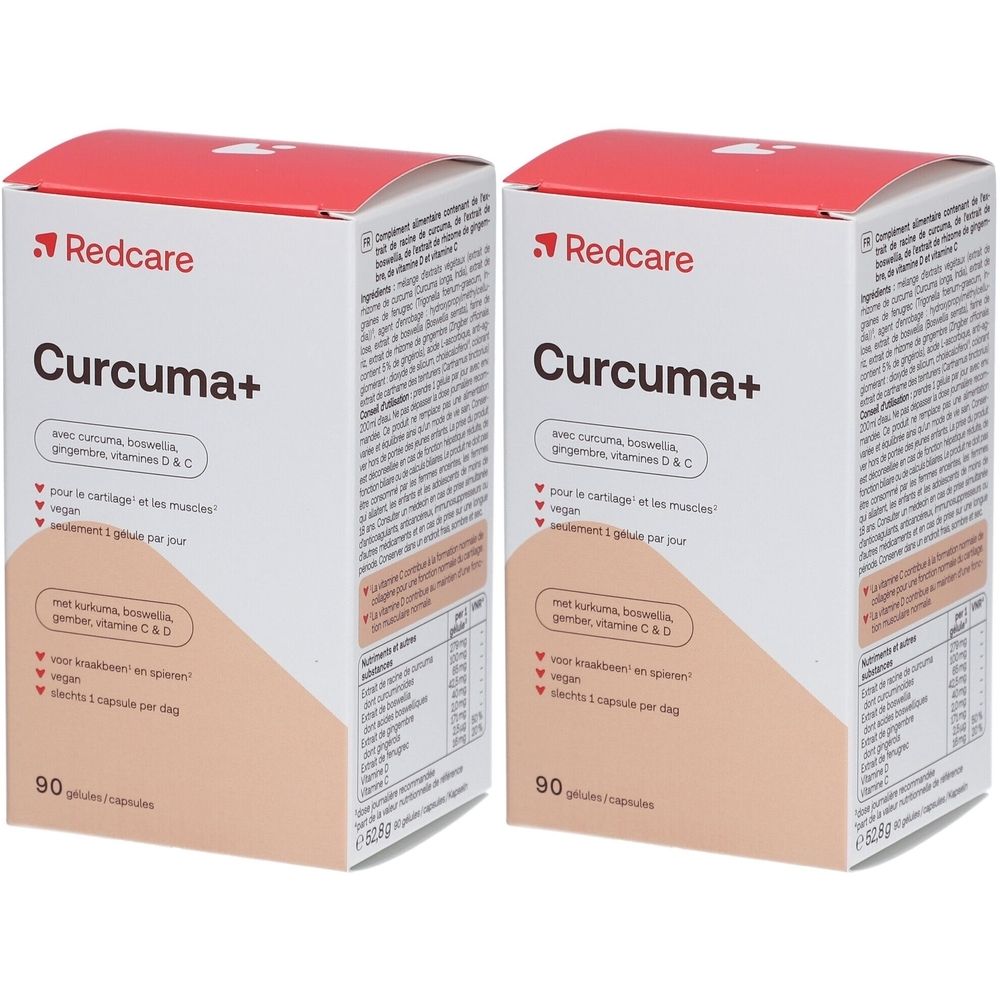 Deux boîtes Redcare Curcuma+ avec vitamine D & C. Contient 90 gélules. Texte en plusieurs langues.