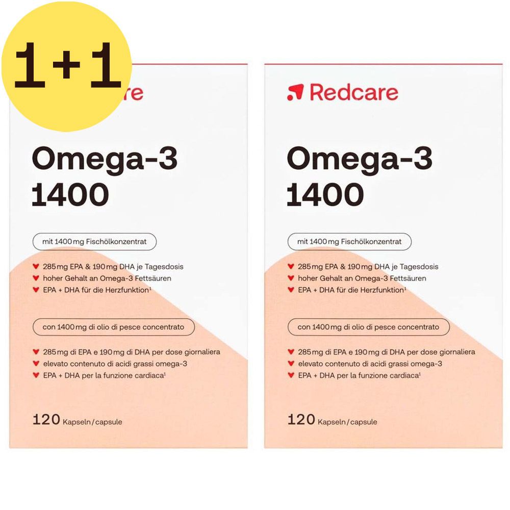 Deux boîtes de Redcare Omega-3 1400 gélules avec offre 1+1. Boîtes blanches avec texte rouge. Inscription : Omega-3 1400, 120 gélules.