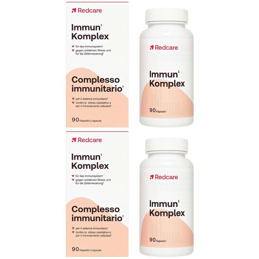 Redcare Immun Komplex : Deux paquets et deux flacons de gélules, autocollant "2=1".
