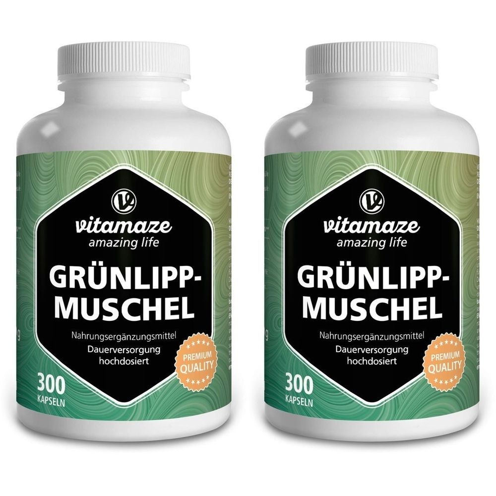 Deux flacons blancs avec étiquettes noires. Inscription: GRÜNLIPPMUSCHEL, 300 capsules. Marque: vitamaze amazing life. Sceau Premium Quality.