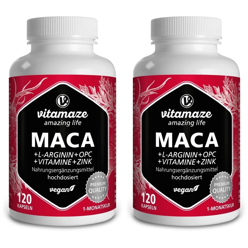 Deux flacons blancs avec étiquette rouge. Inscription: vitamaze, MACA, +L-Arginine+OPC+Vitamine+Zinc, 120 gélules, vegan.